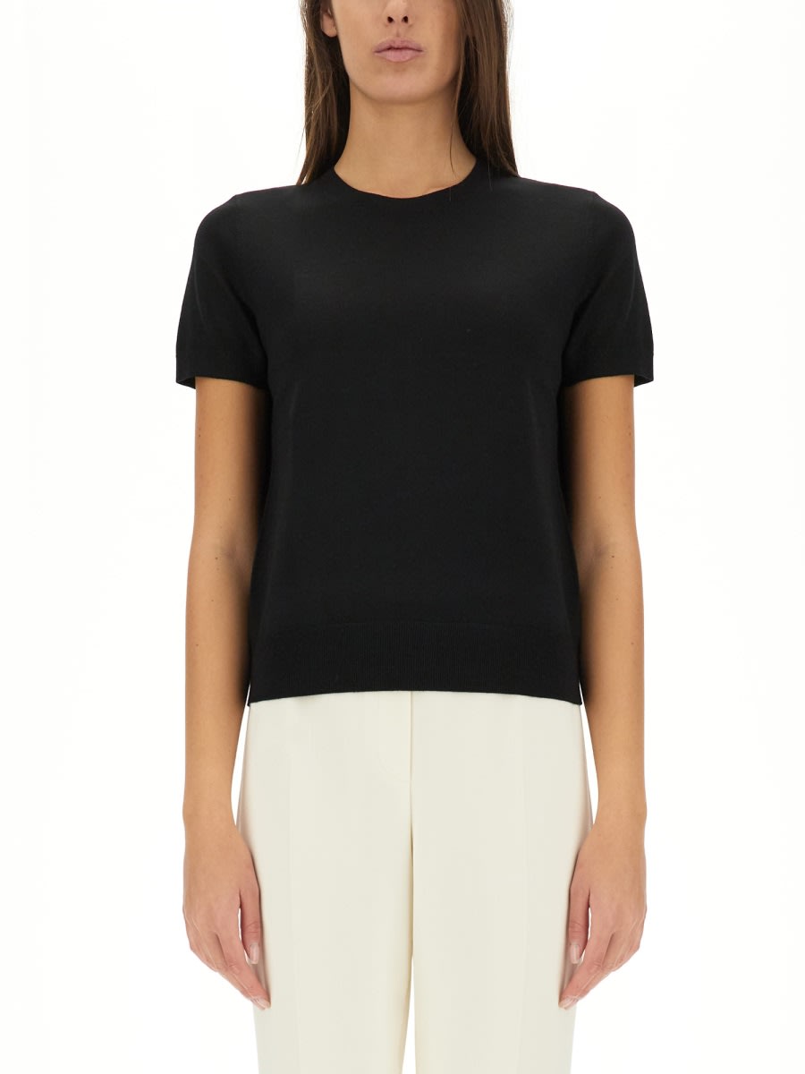 Theory Minimalist Black Knitted Top With Short Sleeves In Black
