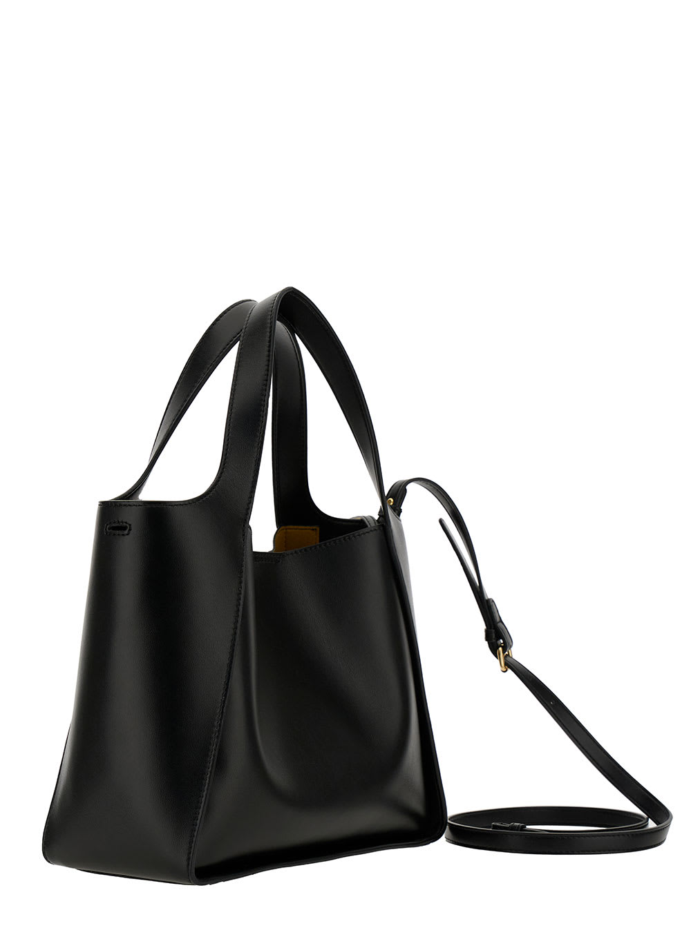 Shop Stella Mccartney Black Tote Bag With Perforated Logo Lettering Detail At The Front In Faux Leather Woman