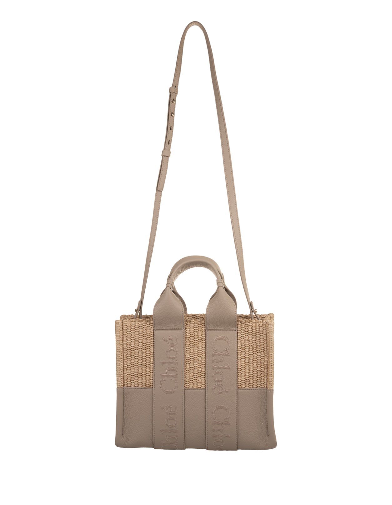 Shop Chloé Woody Small Tote Bag In Leather And Raffia With Embroidered Logo In Grey