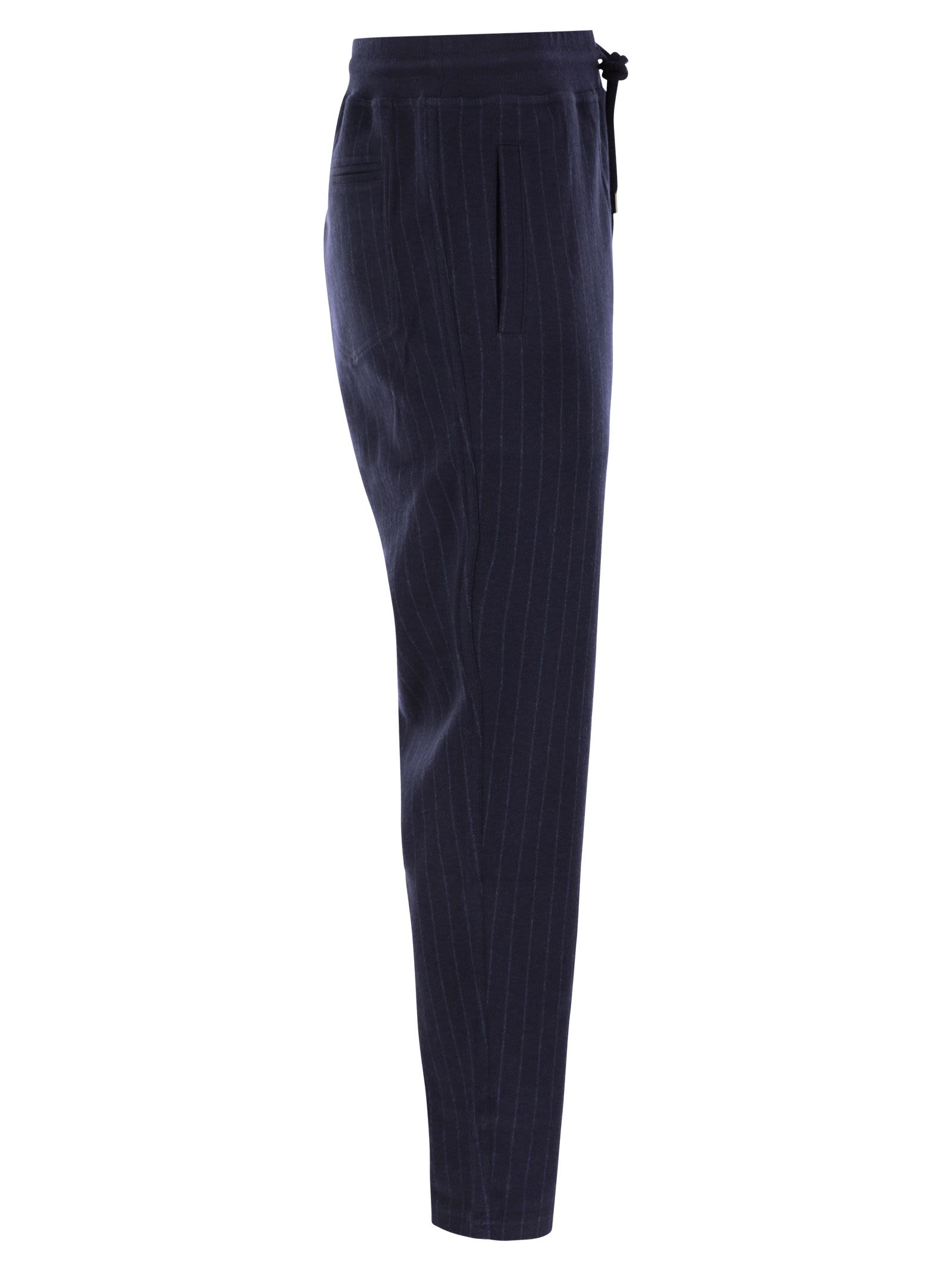 Shop Brunello Cucinelli Double Pinstripe Fleece Trousers In Cotton, Cashmere And Silk In Marine Blue