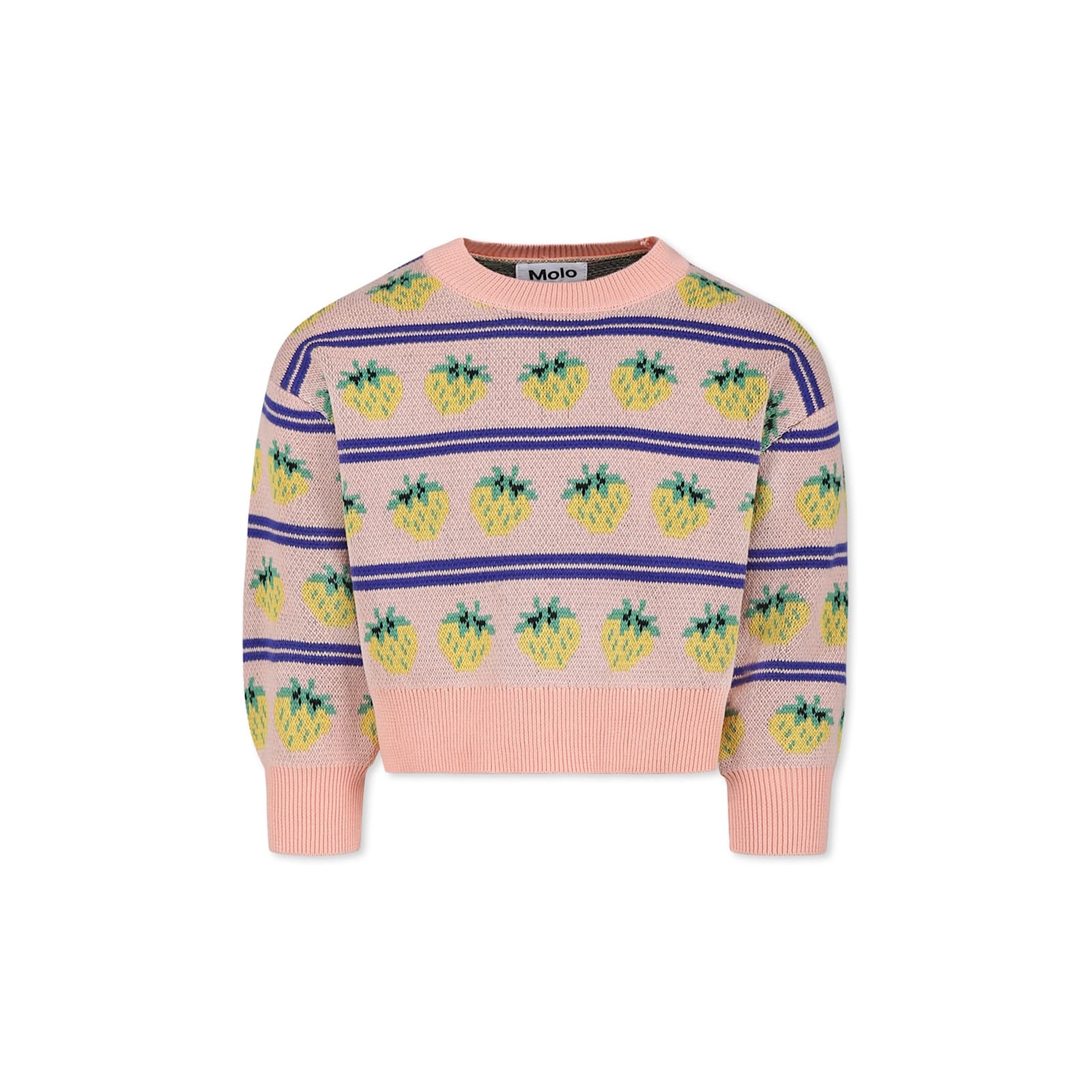 Molo Pink Crop Sweater For Girl With Strawberries In Pink