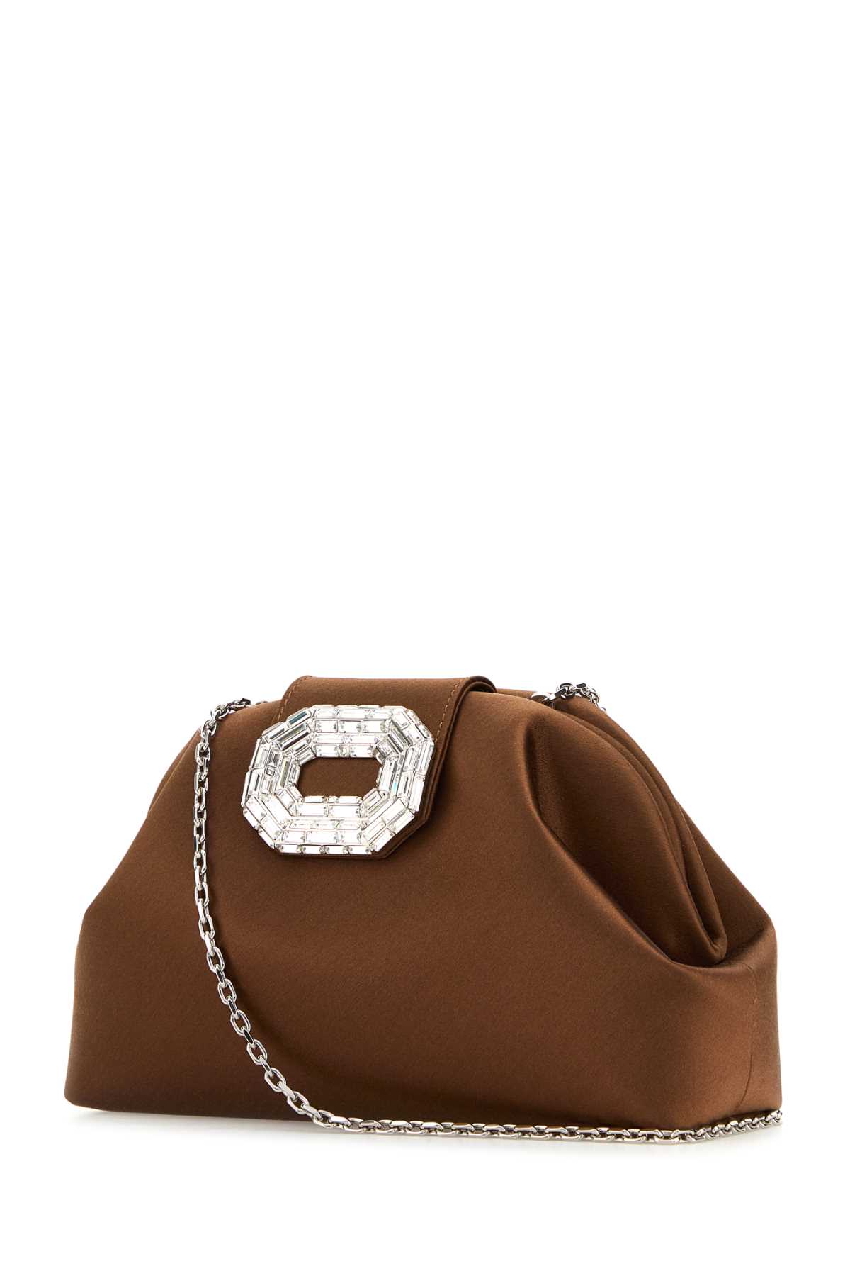 Amina Muaddi Brown Satin Camelia Clutch