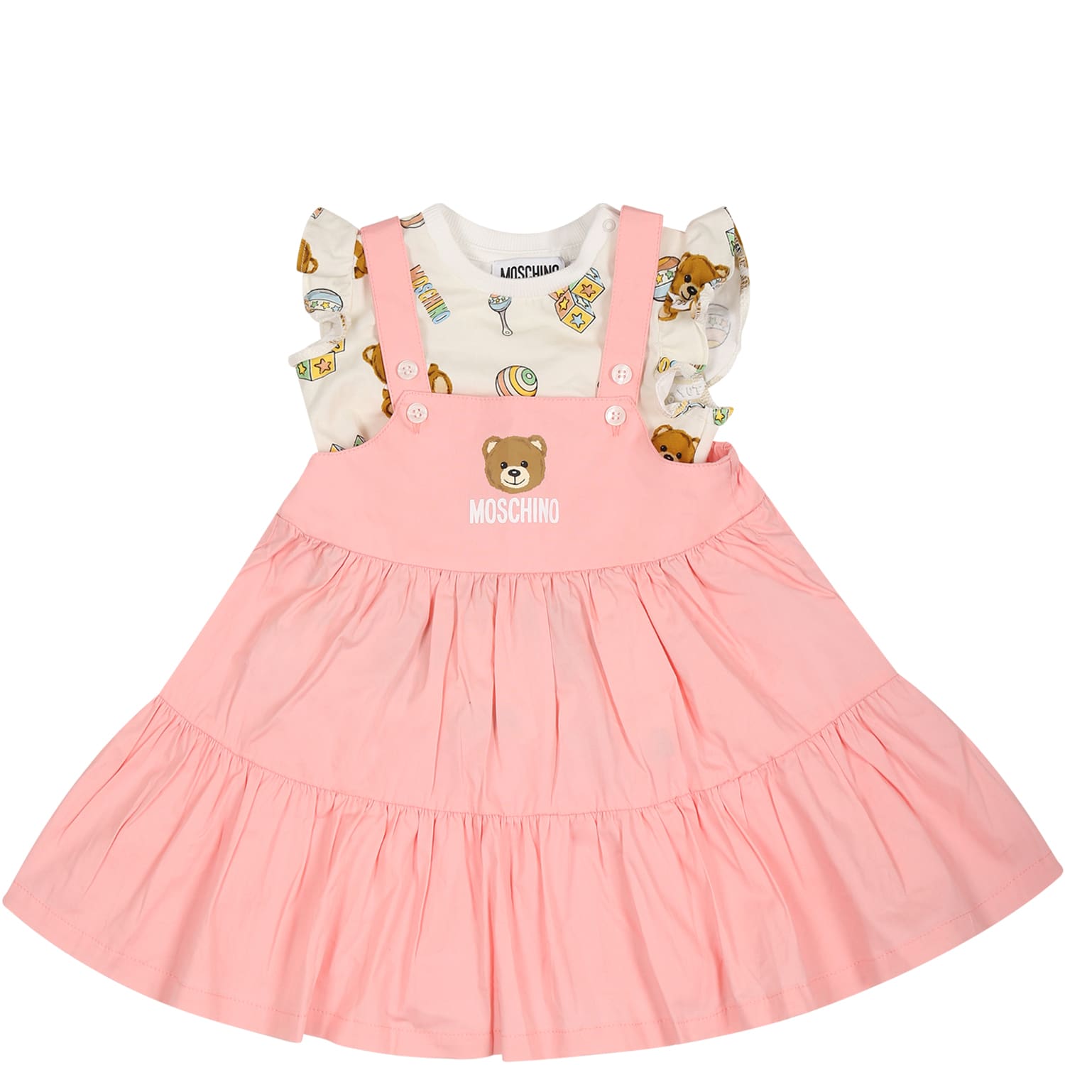 Moschino Multicolor Suit For Baby Girl With Teddy Bear And Logo In Pink