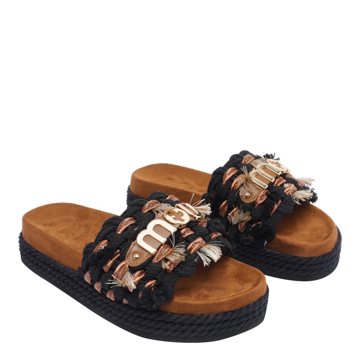 Mou Black Leather And Fabric Sandals In Black