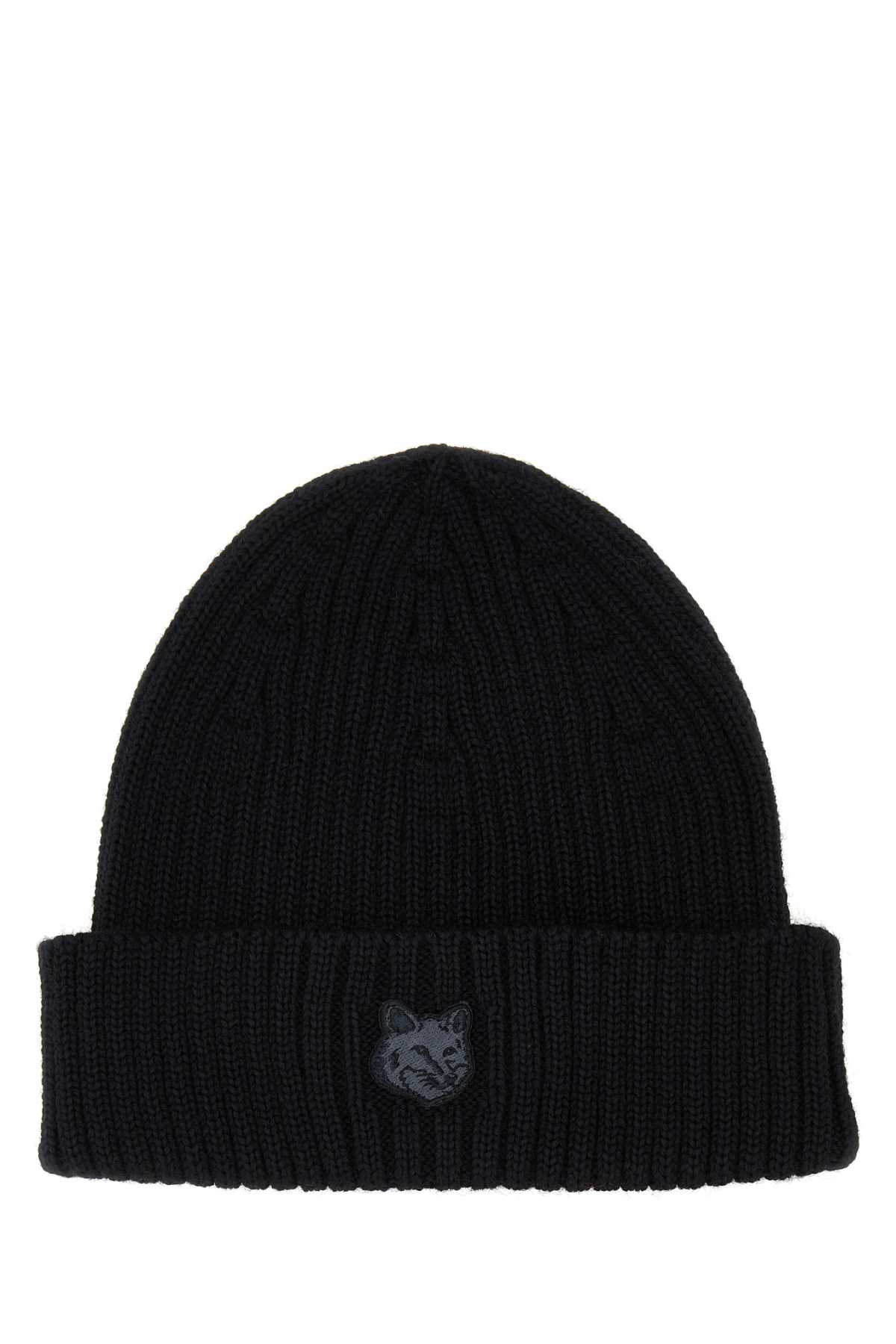 Maison Kitsuné Black Wool Beanie Hat In Black