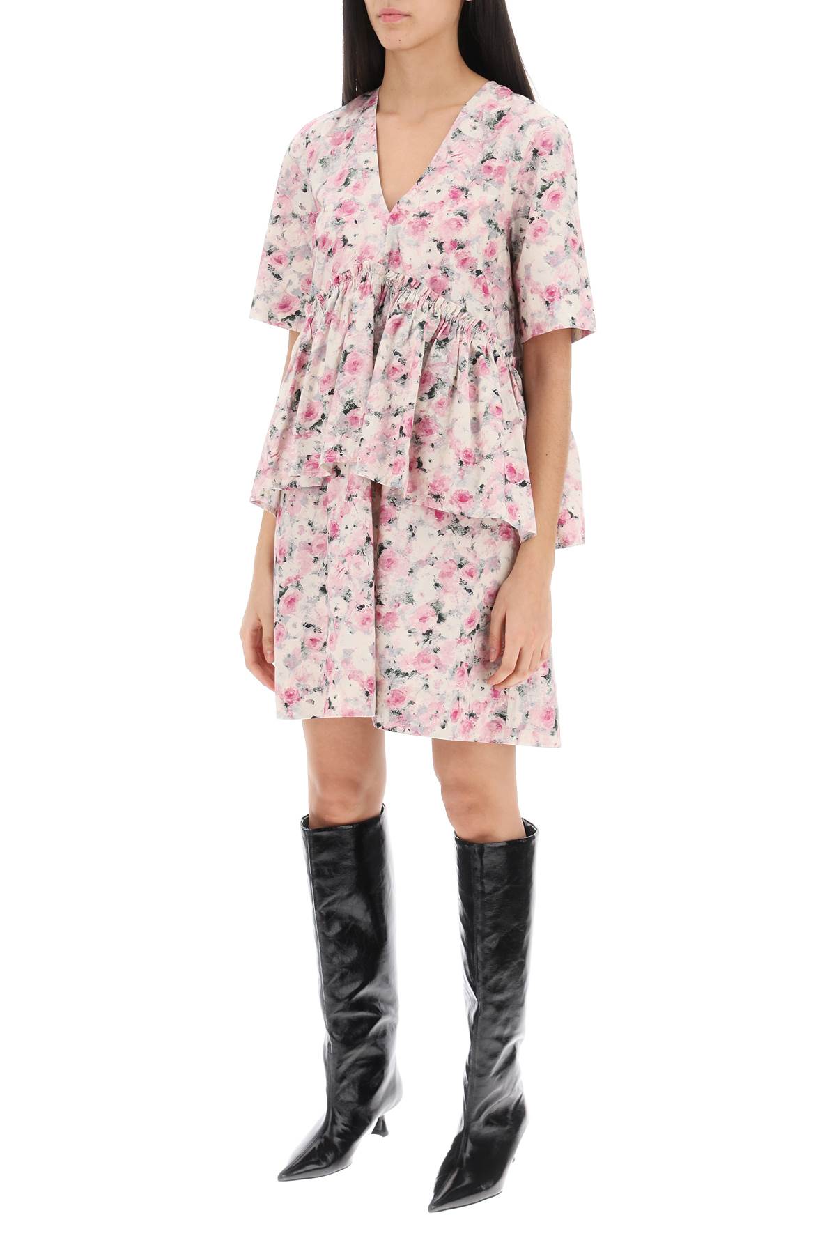 Shop Ganni Organic Cotton Flounce Mini Dress In Rosa