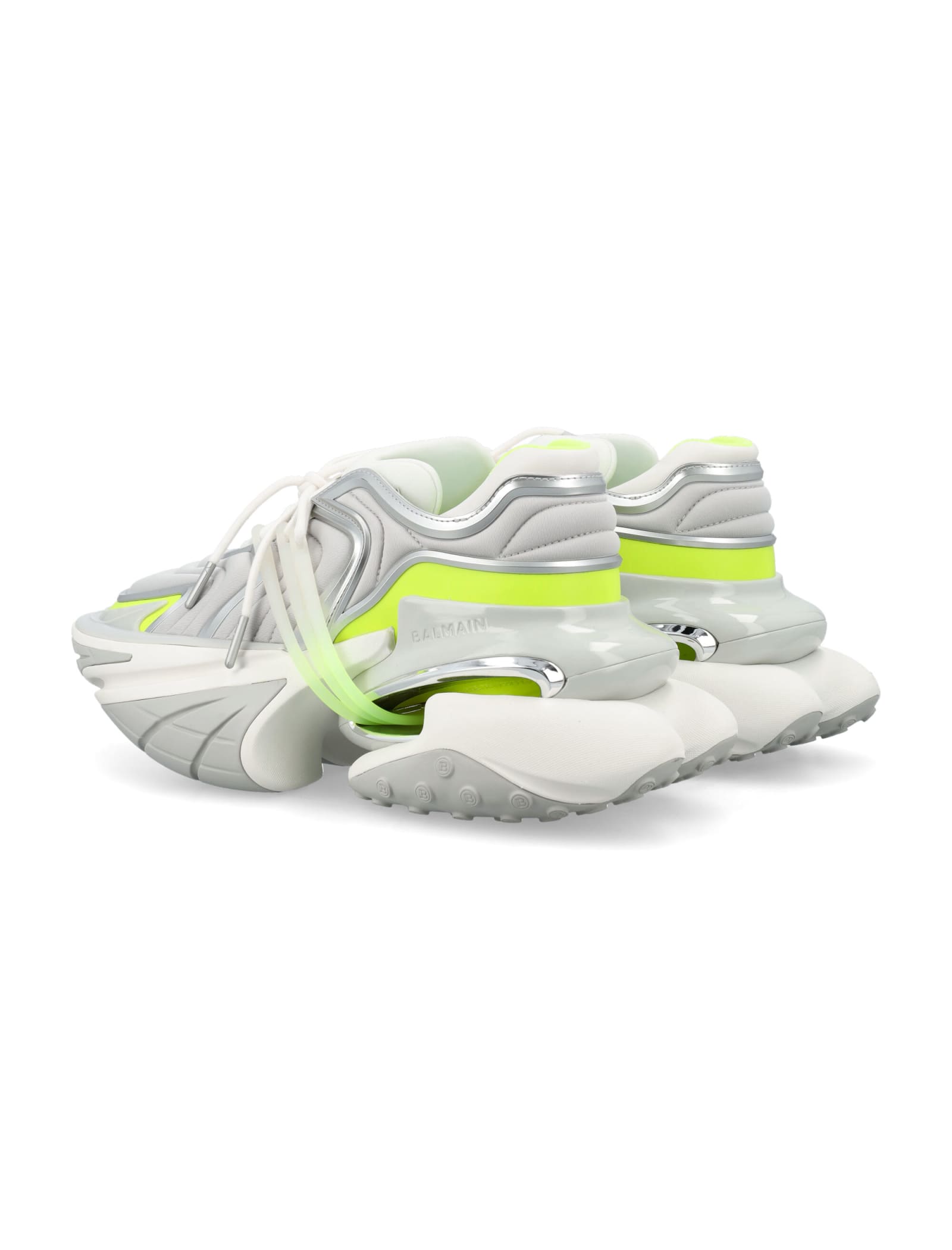 Balmain 'unicorn' White Low Top Sneakers In Grey Fluo Green