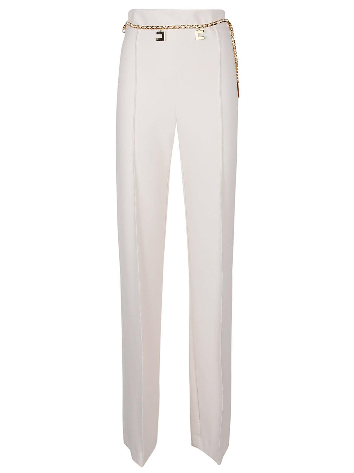 Shop Elisabetta Franchi Belted Stretch Crepe Palazzo Trousers In Burro