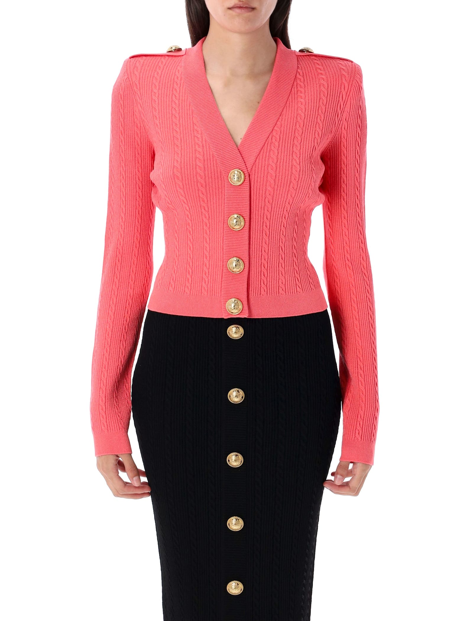 Balmain Long Sleeves Ribbed And Cable-knit Cardigan In Pink