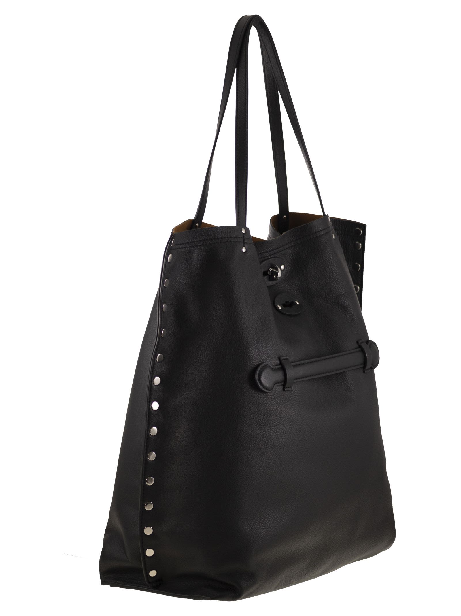 Zanellato Black Leather Tote Bag With Decorative Studs In Black