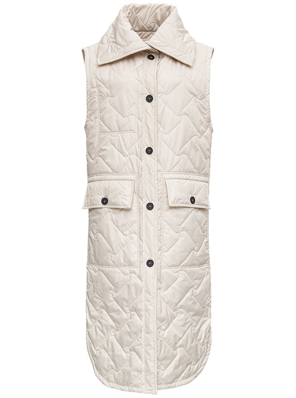 Tela Birillo Long Down Jacket In Beige Quilted Nylon