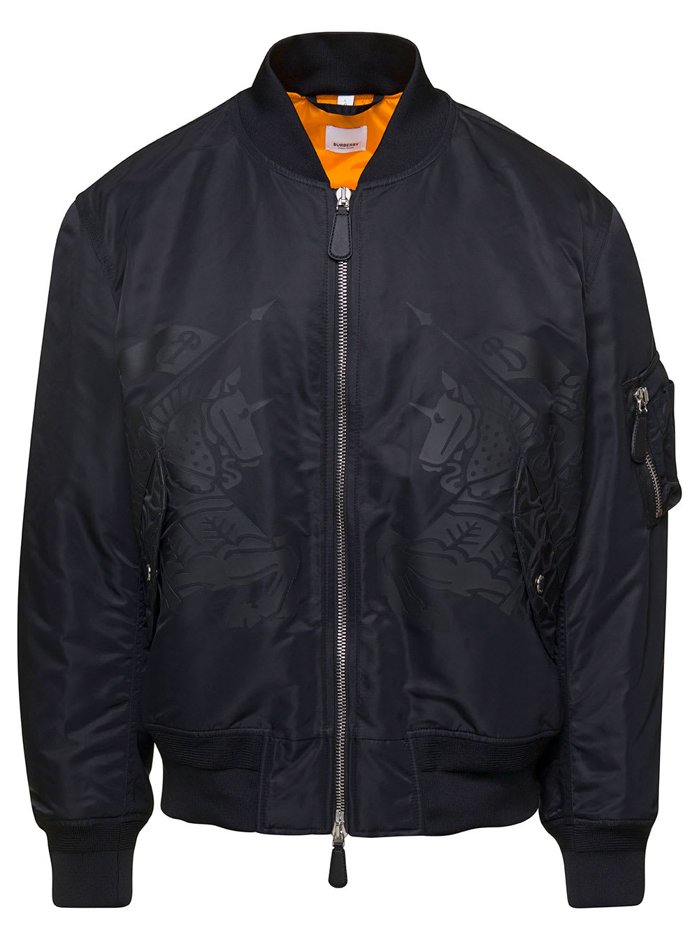 BURBERRY BLACK BOMBER JACKET WITH EQUESTRIAN KNIGHT PRINT IN POLYAMIDE STRETCH MAN
