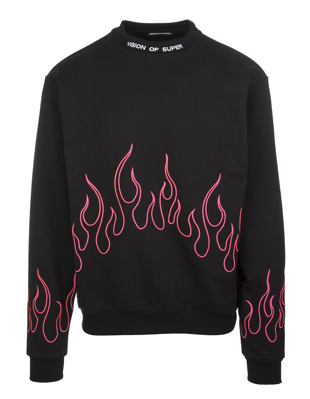 VISION OF SUPER MAN BLACK SWEATSHIRT WITH EMBROIDERED FLUO PINK FLAMES,VOS/B12FLAME BLACK/FUXIA