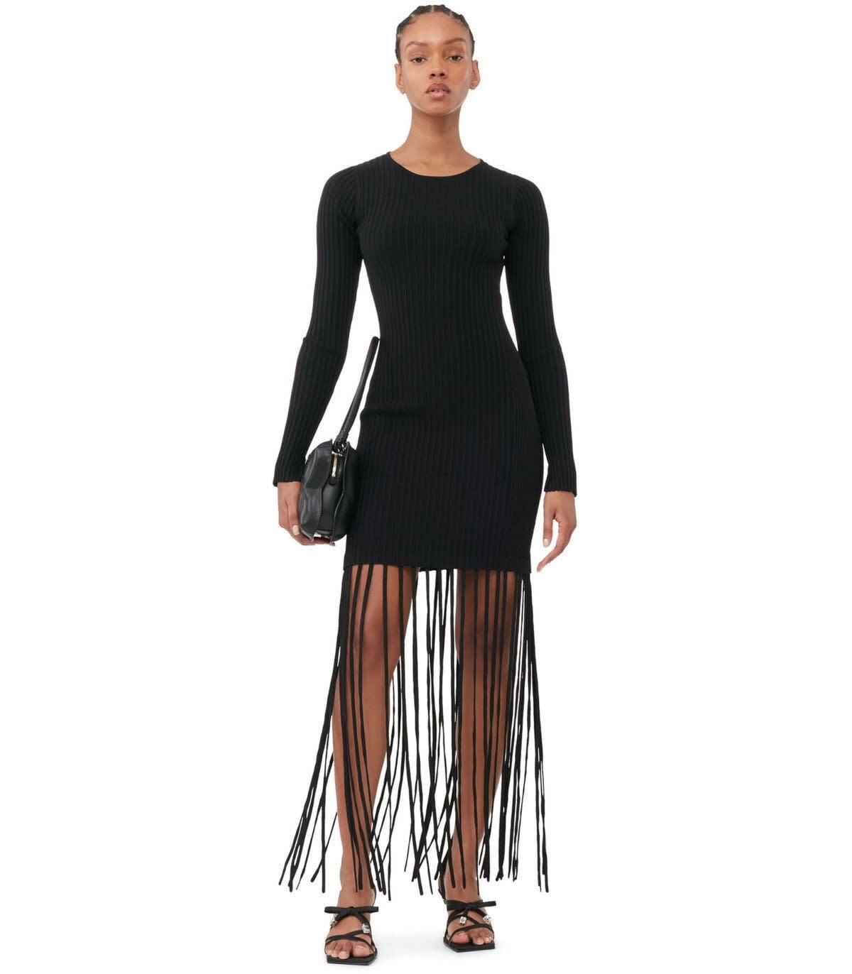 Shop Ganni Ribbed-knit Dress With Fringes In Nero