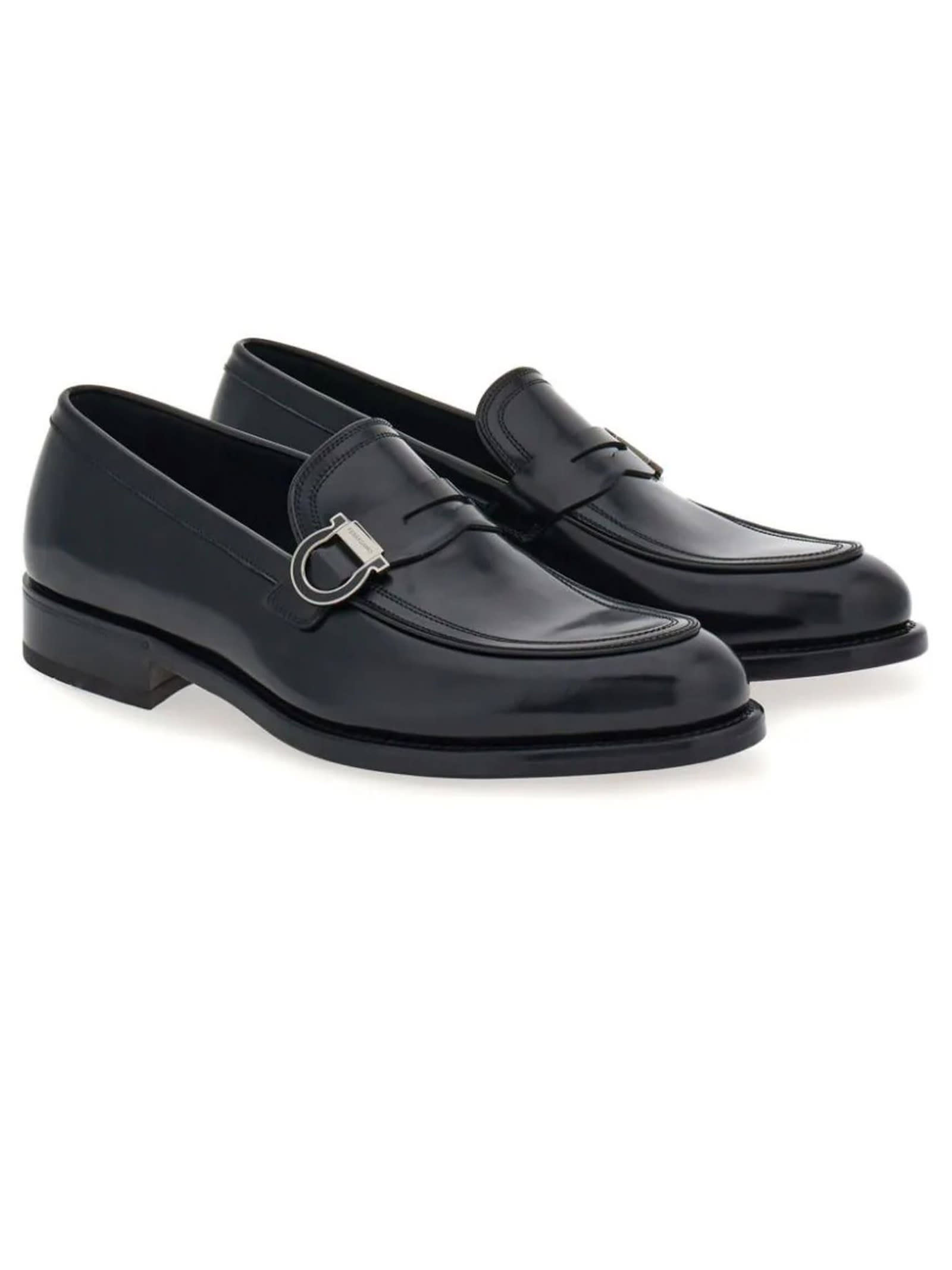 Shop Ferragamo Black Calf Leather Gancini Loafers