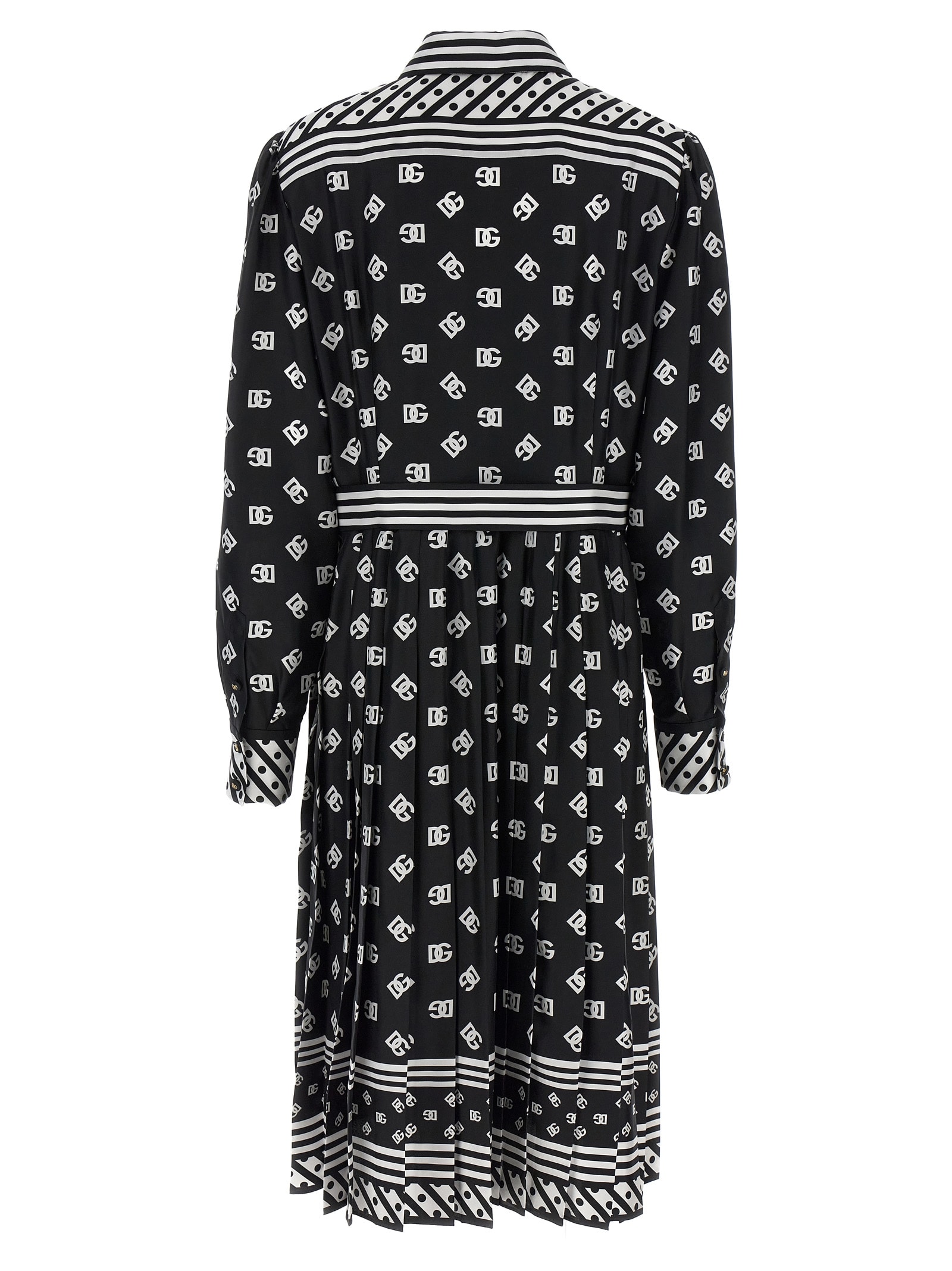 Dolce & Gabbana Scarf Dress With Long Sleeves And Pleated Skirt In White/black
