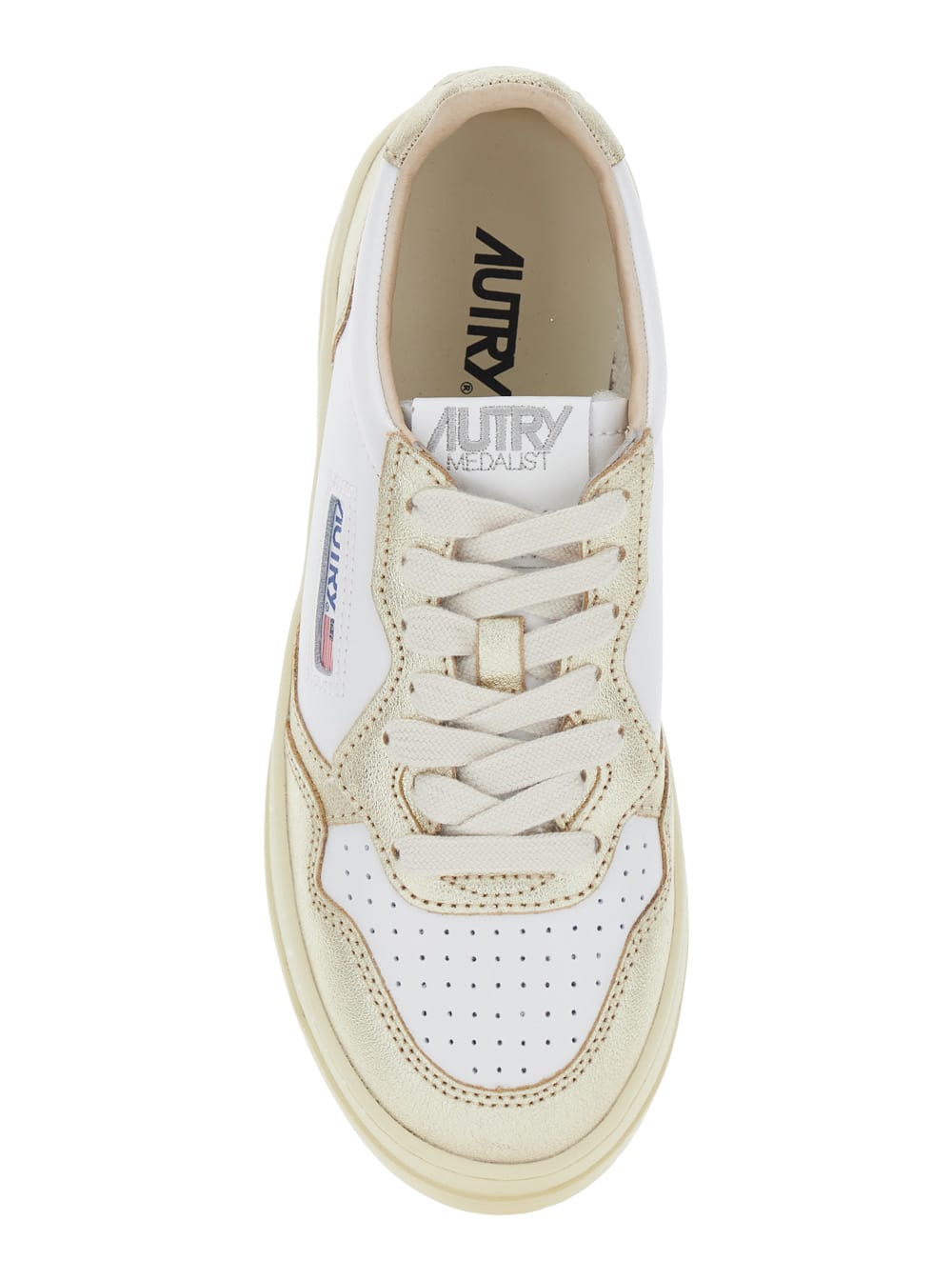 Autry Low Top Leather Sneakers With Metallic Panels In White