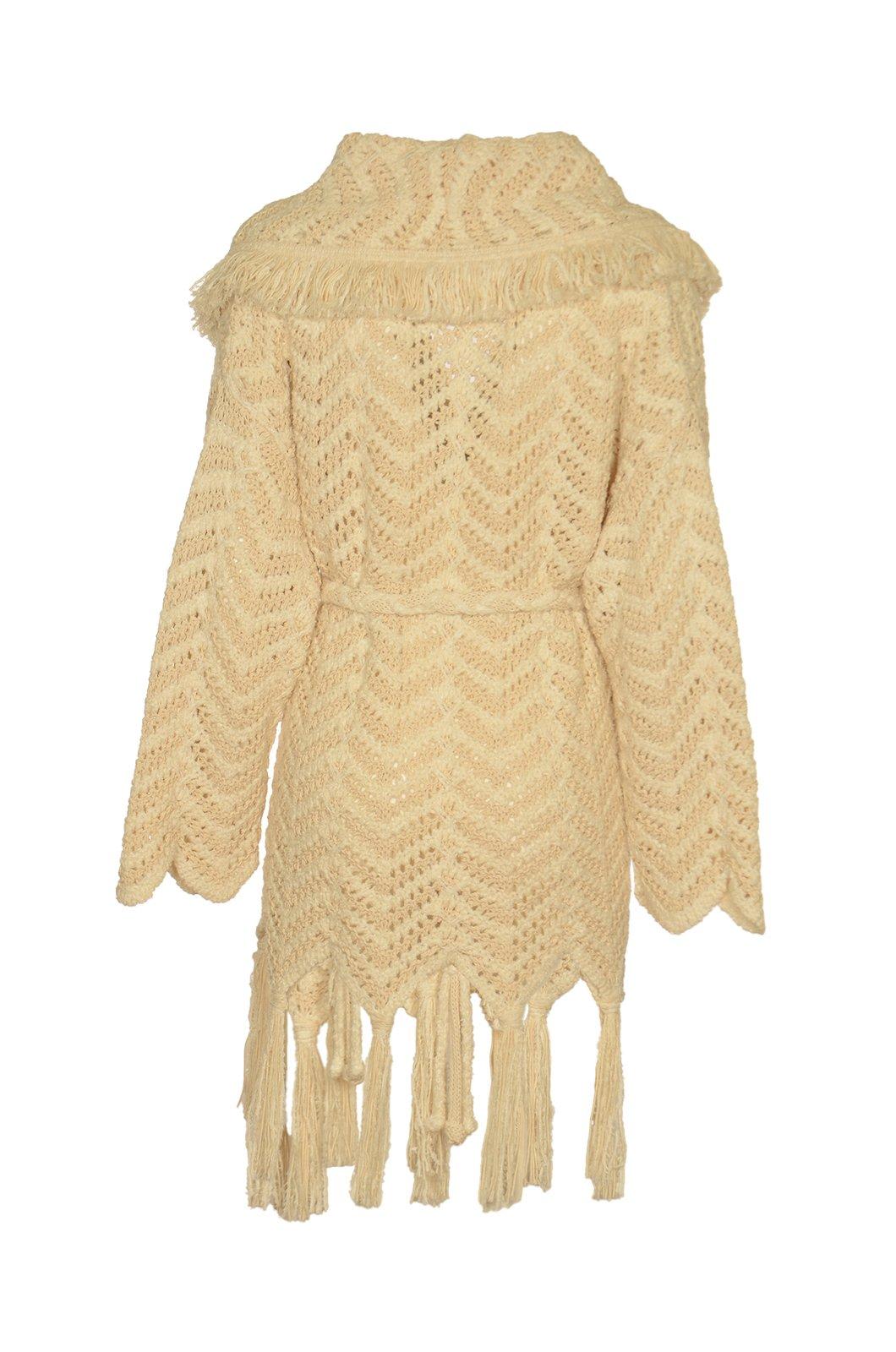 Shop Alanui Belted Waist Fringed Edge Cardigan In Gesso