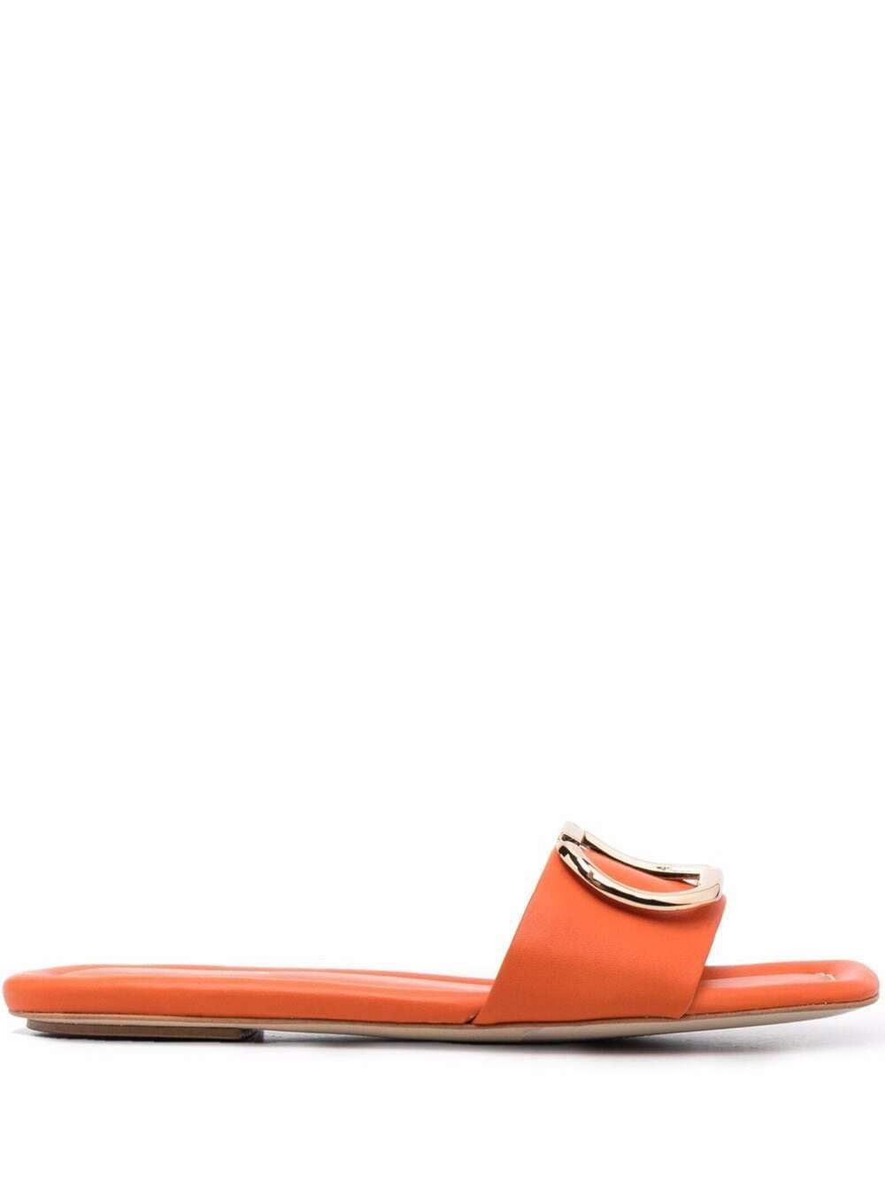 TwinSet Twin Set Womans Orange Leather Slide Sandals With Logo Plate