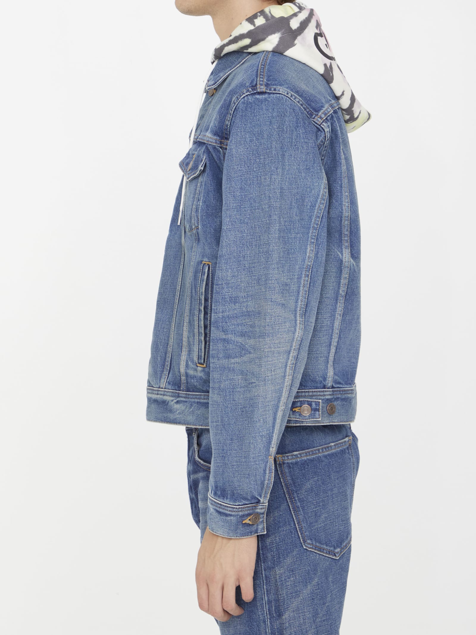 Shop Celine Denim Jacket With Tie-dye Hood