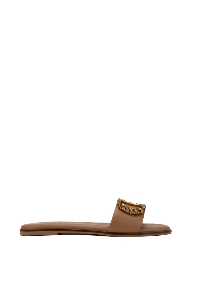Shop Twinset Leather Slippers With Logo In Hazelnut