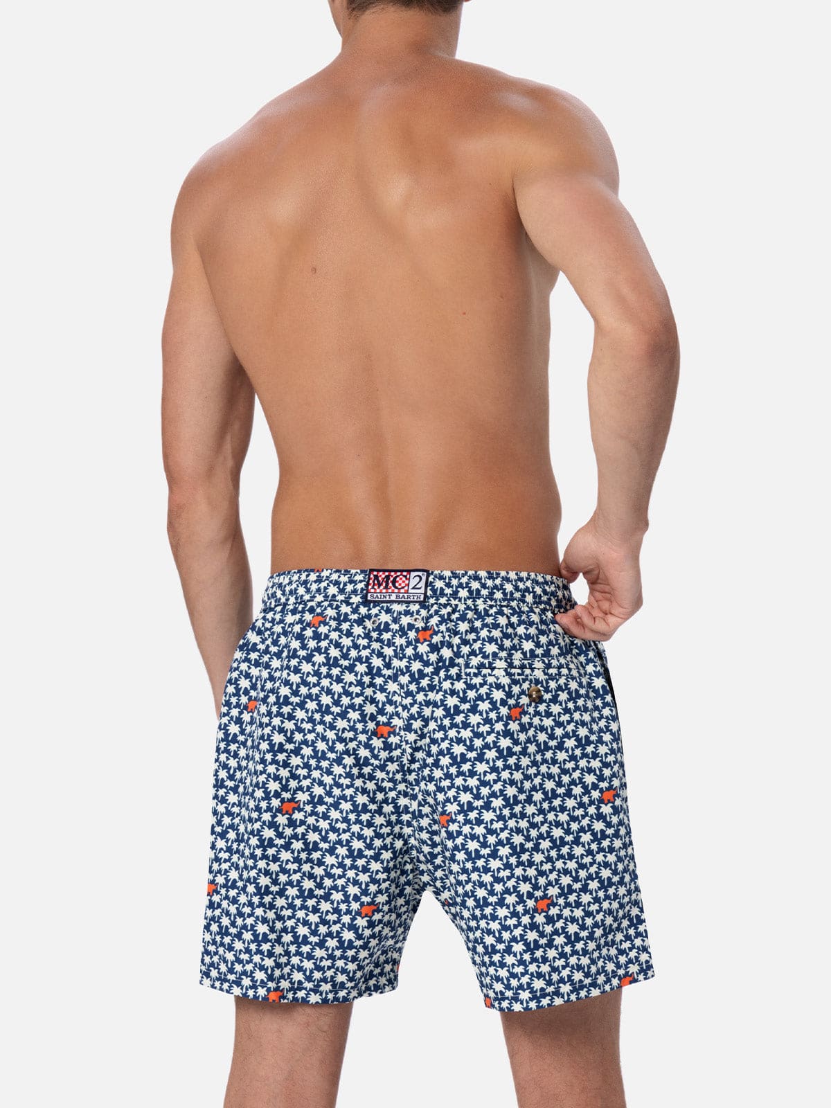 Mc2 Saint Barth Man Lightweight Fabric Swim-shorts Lighting 70 With Palm Print In Blue