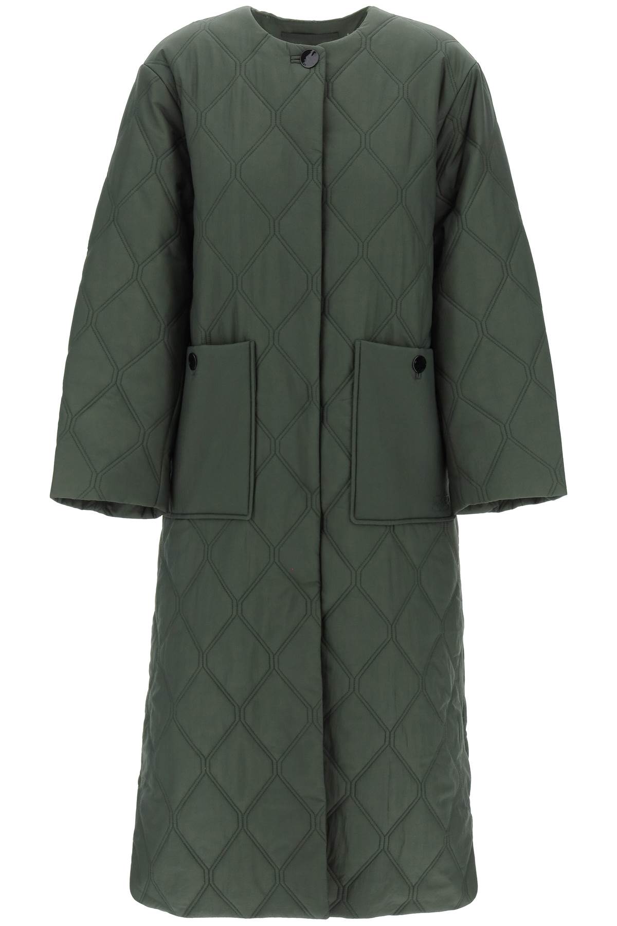 Shop Ganni Quilted Midi Coat In Kombu Green (green)