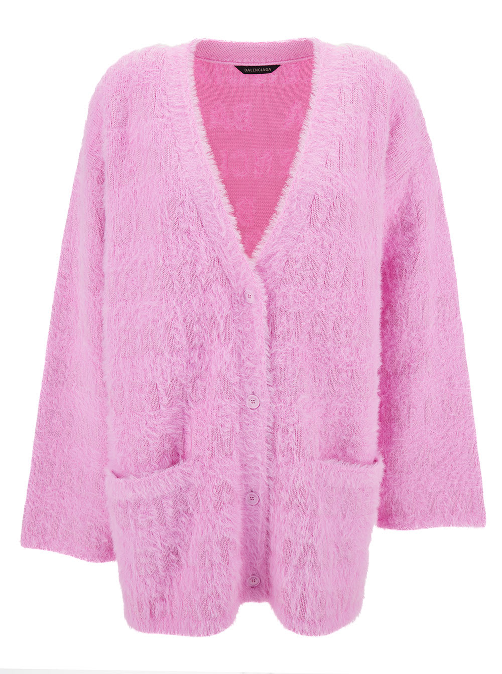 Balenciaga Pink Cardigan With All-over Logo Motif In Wool Blend Woman