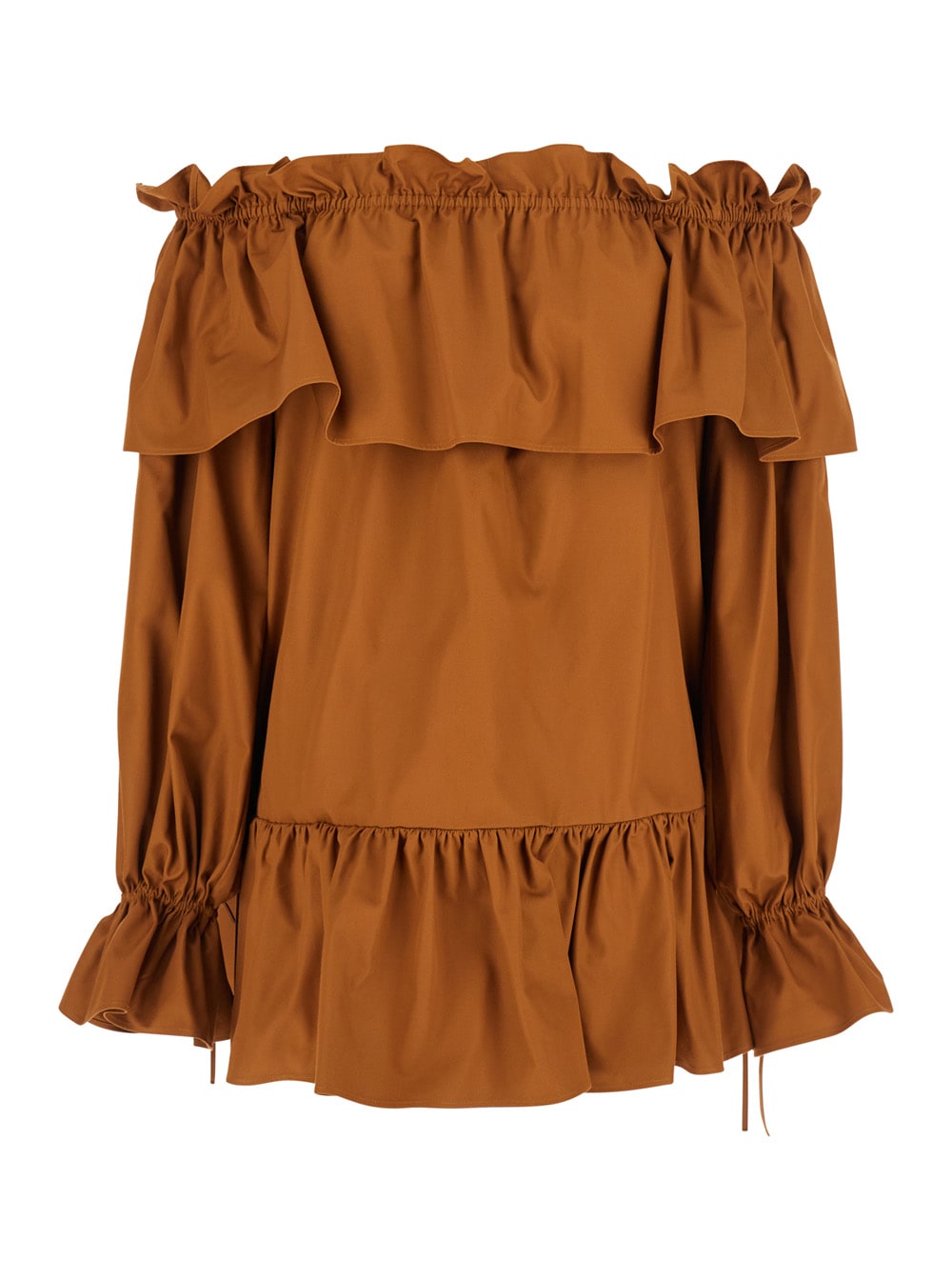 Saint Laurent Brown Ruffle Dress With Bare Shoulders In Cotton Twill Woman In Brown
