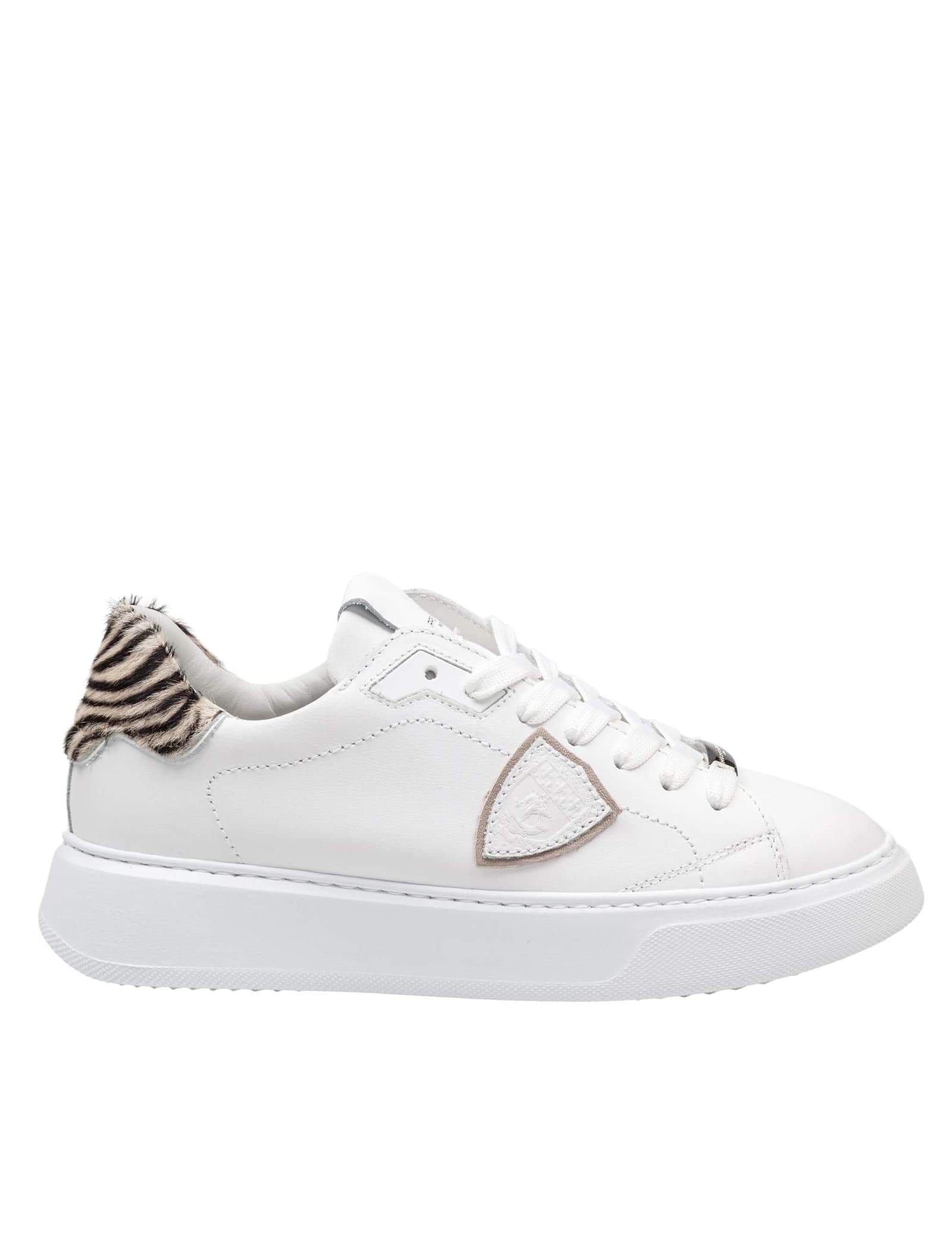 Philippe Model Temple Low Leather Sneakers In White With Animal-print Heel