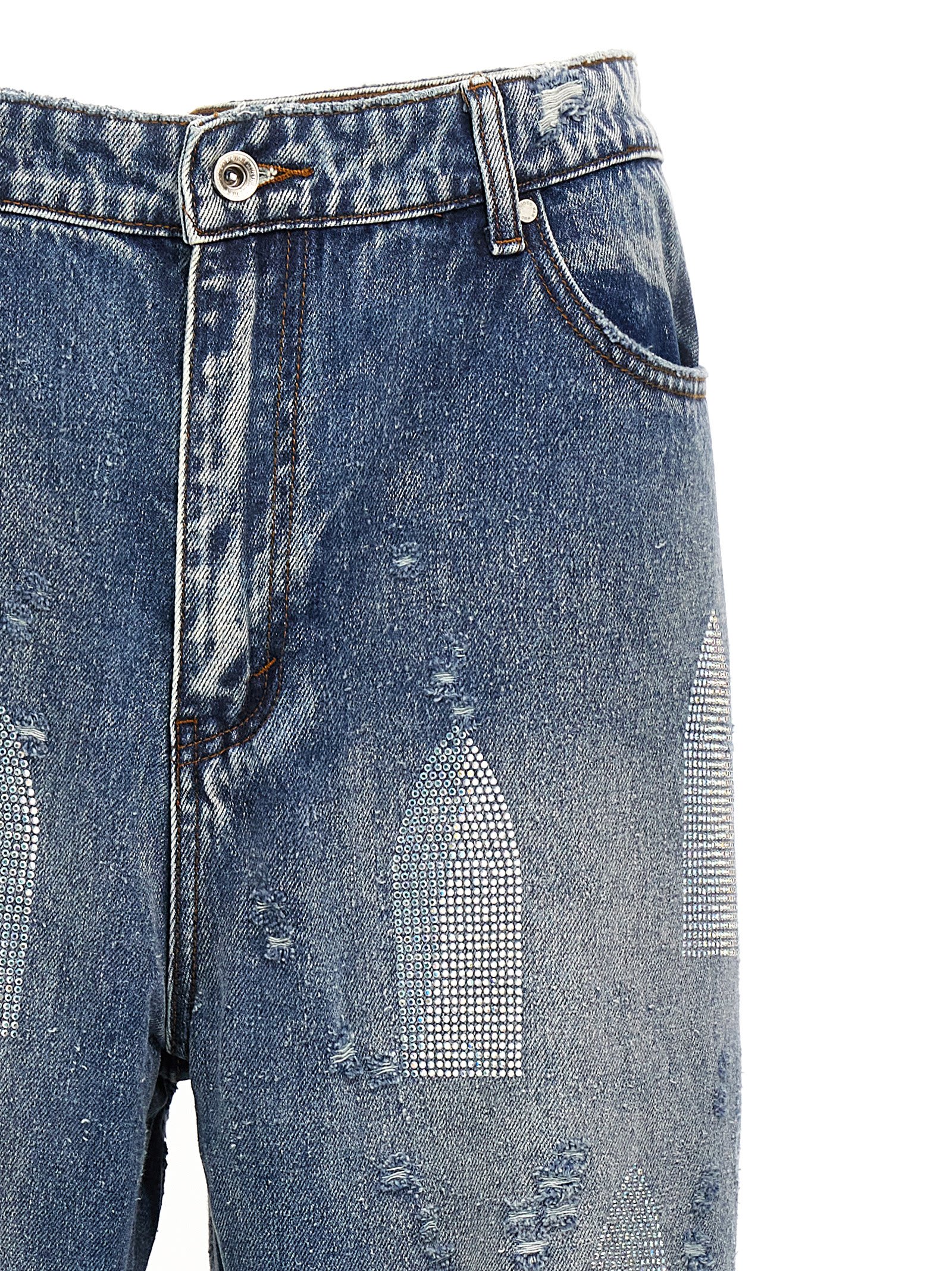 Shop Who Decides War Rhinestone Washed Denim Jeans In Blue