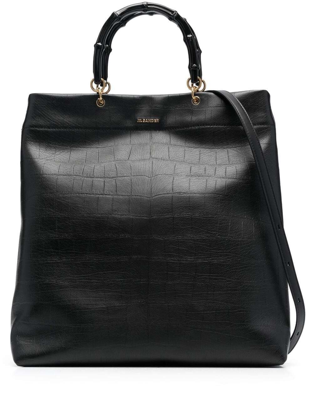 Jil Sander Black Croco Embossed Tote Bag With Bamboo Handles In Leather Woman