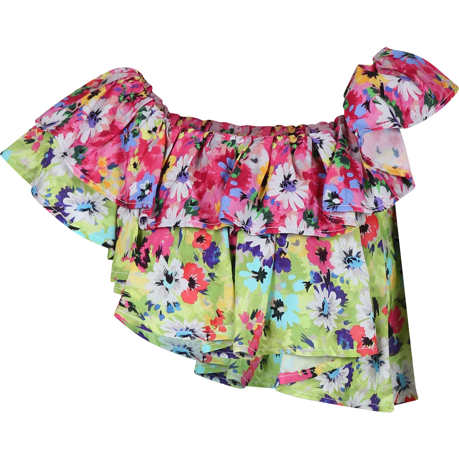Msgm Kids' Fuchsia Crop Top For Girl With Floral Print In Multi