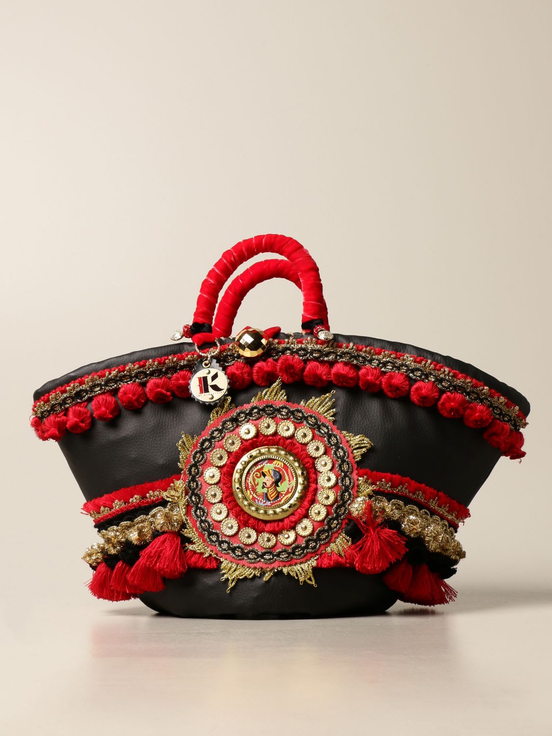 Sikuly Handbag Noto Sikuly Leather Coffa Bag With Maxi Pompom And Embroidery