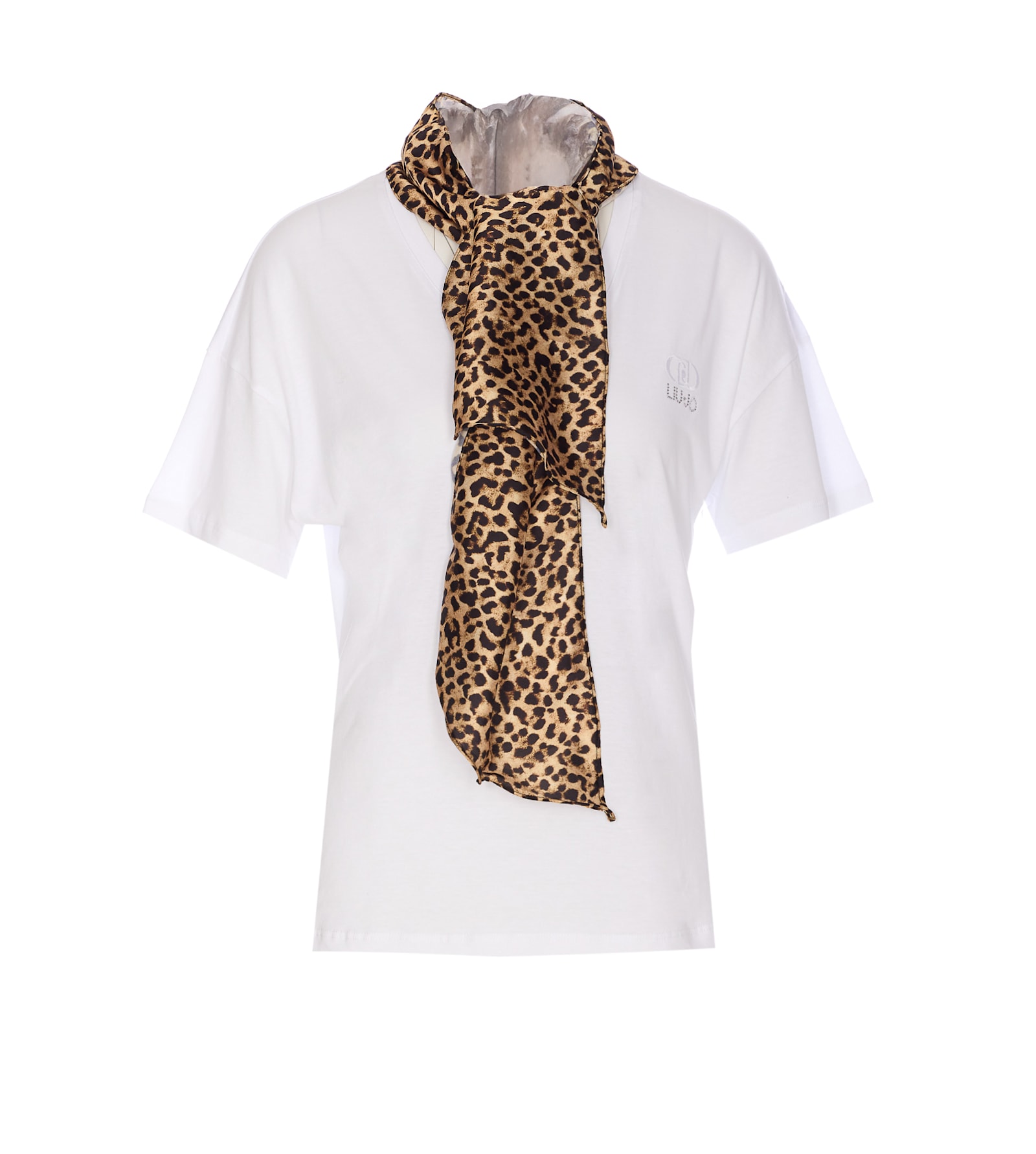 Liu •jo Animal Print Scarf Crewneck T-shirt With Leopard Detail In White