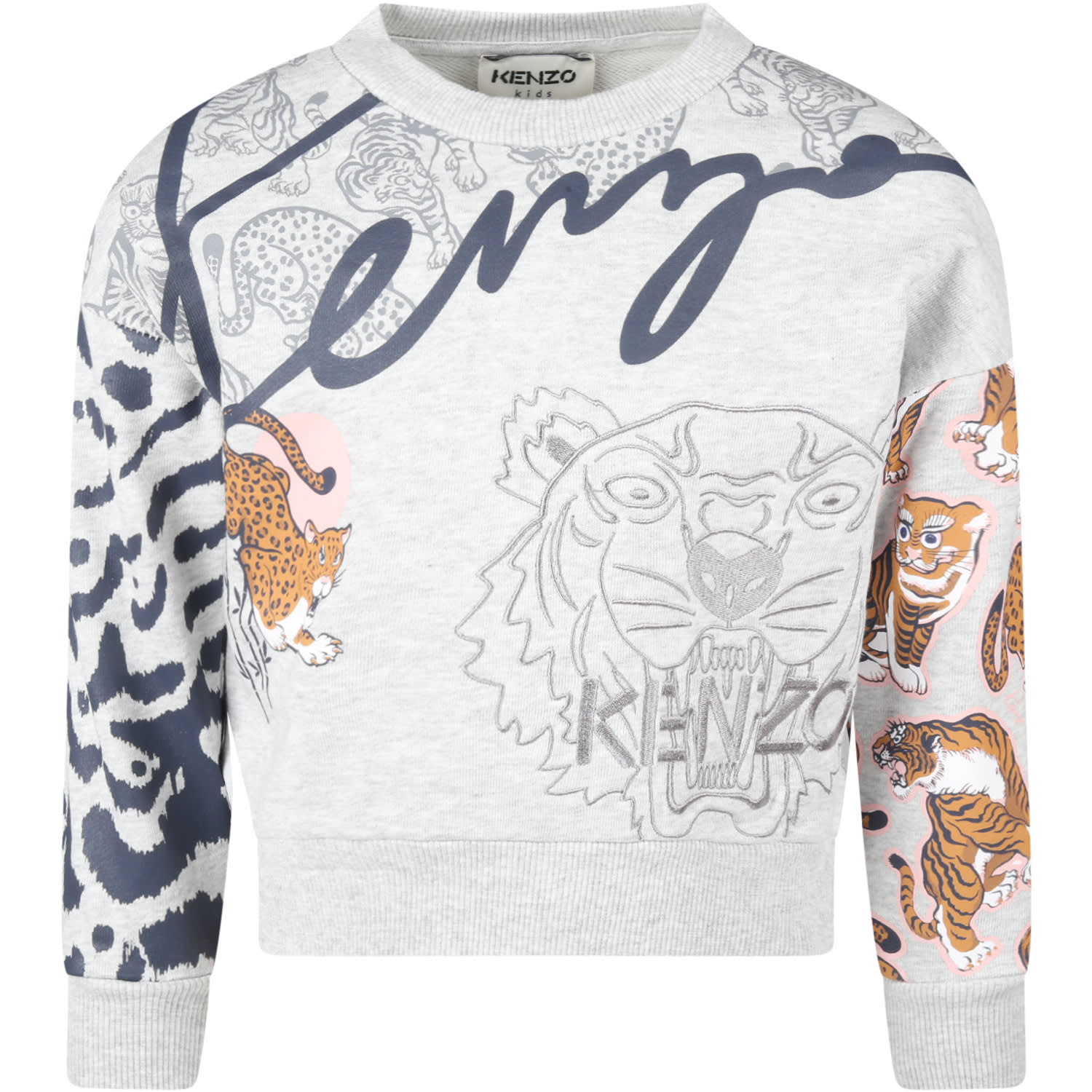 Kenzo Kids Grey Sweatshirt For Girl With Tigers