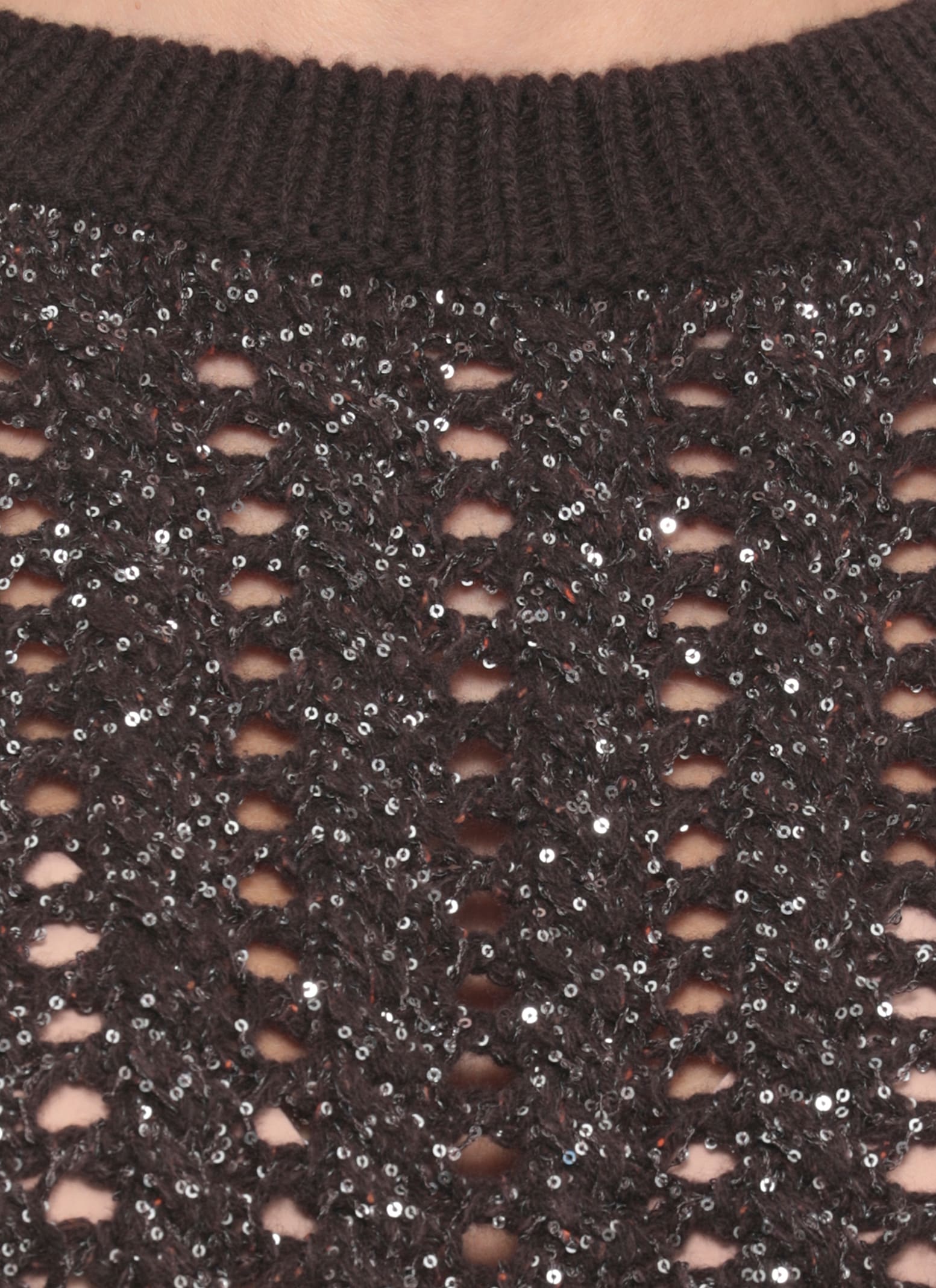D Exterior Sequin-embellished Open-knit Sweater In Brown