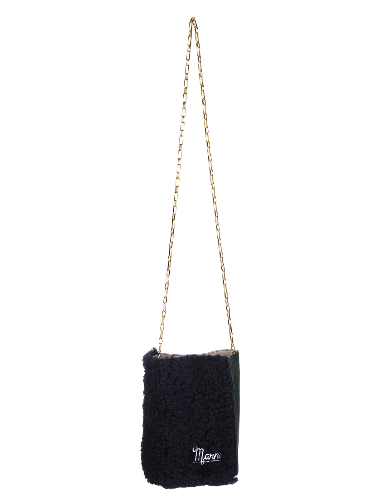 Marni Black And Dark Green Mini Bag In Shearling And Leather With Golden Chain