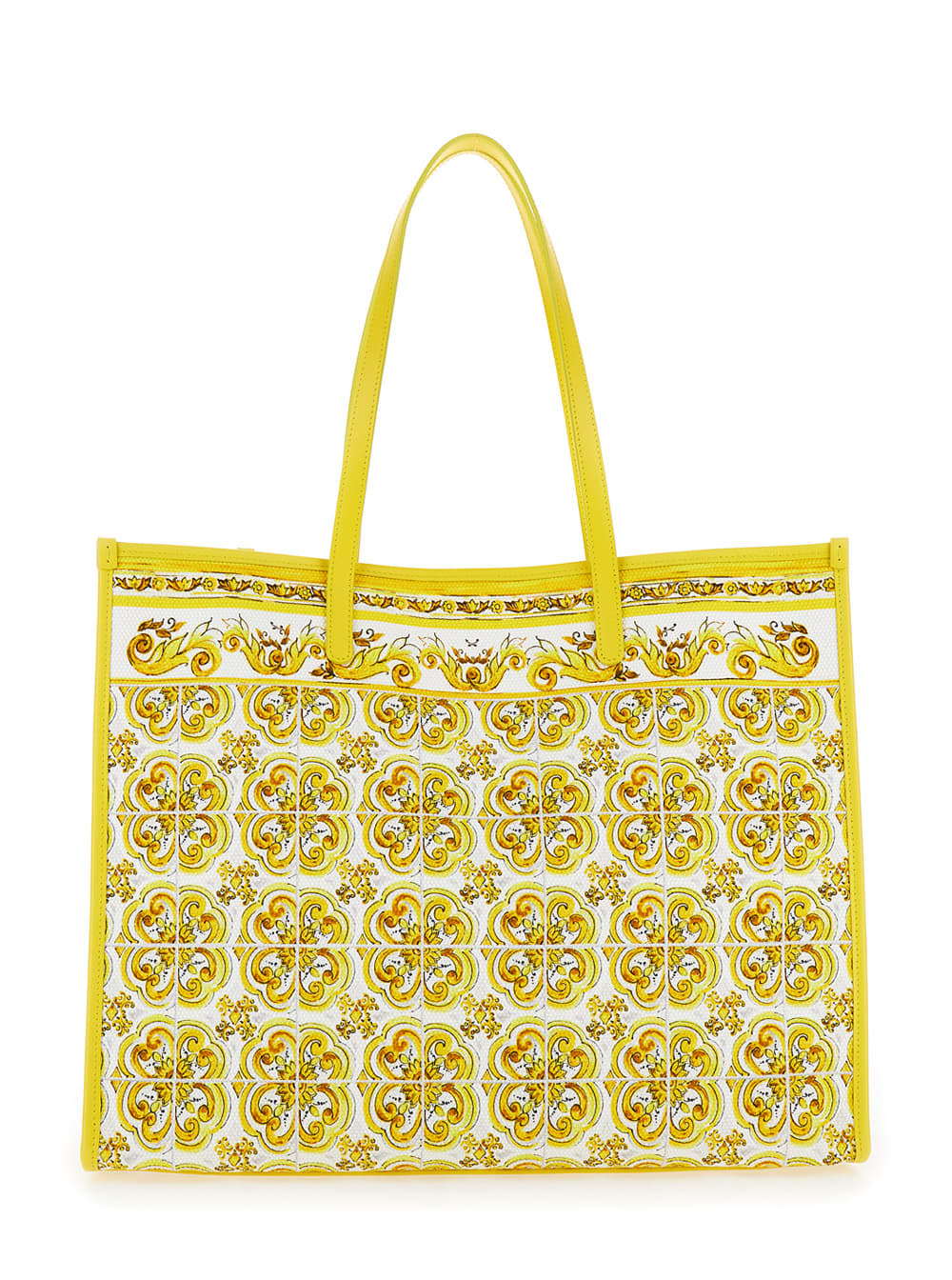 Shop Dolce & Gabbana Yellow And White Tote Bag With Majolica Print And Logo Plaque In Cotton Woman In Giallo