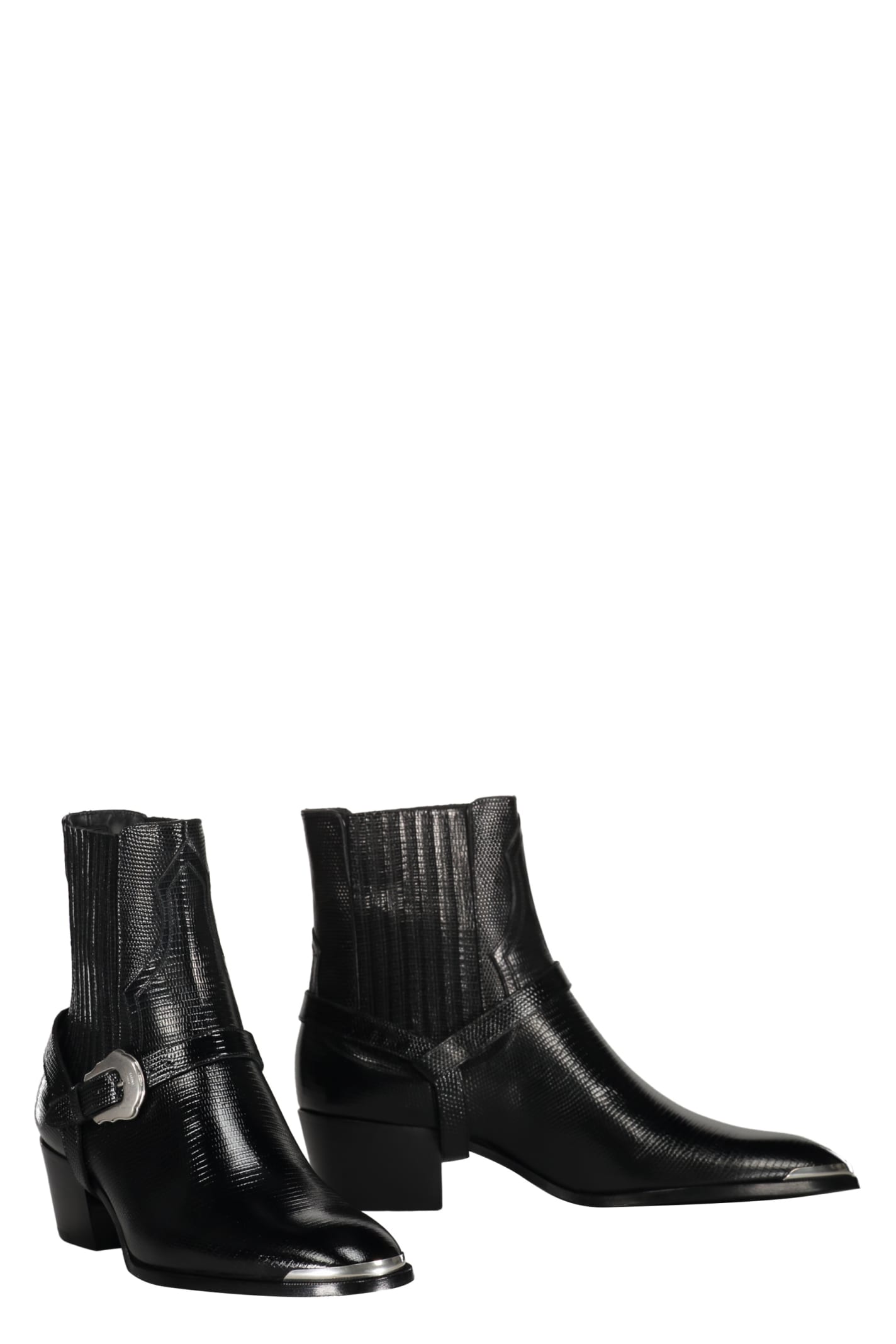 Celine Men Isaac Western Chelsea Boot With Harness And Metal Toe In Calfskin With Tejus Print Black