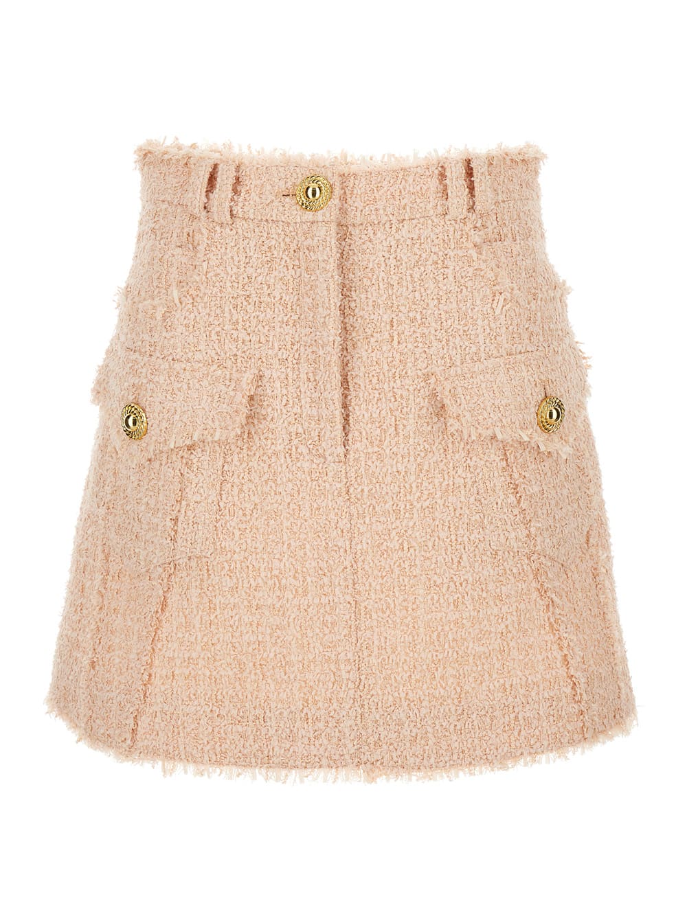 Shop Balmain Light-pink Frayed Tweed Mini Skirt In Wool Blend Woman