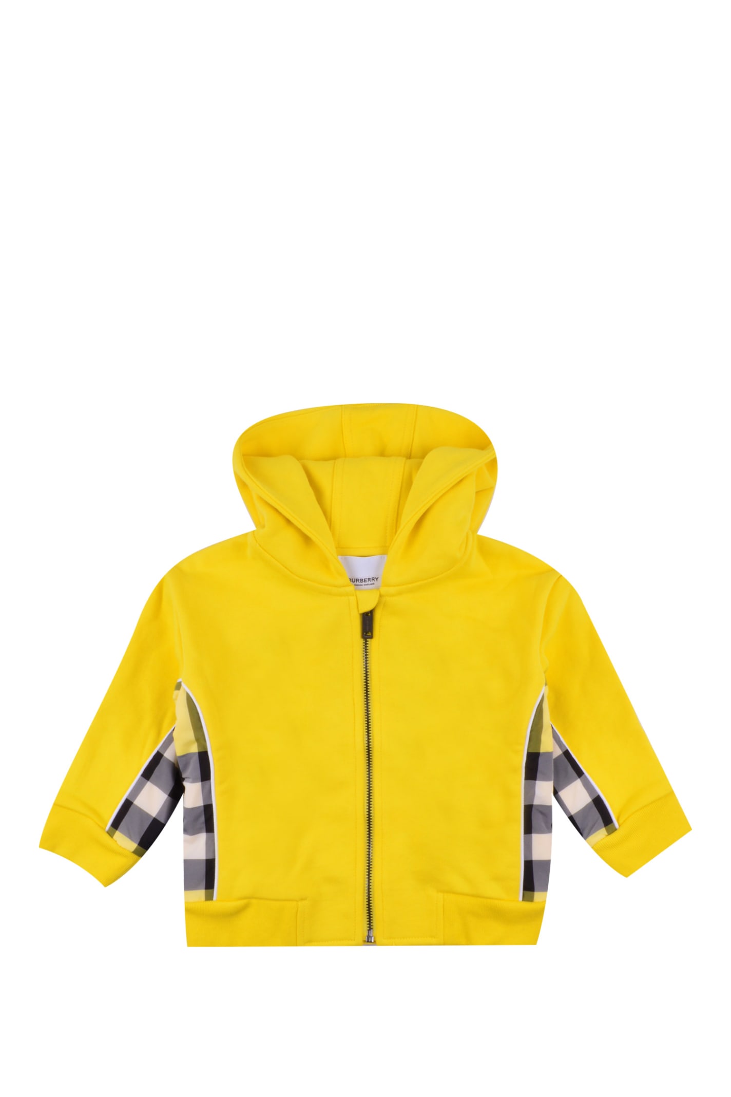 Burberry Babies' Cotton Sweatshirt With Hood And Tartan Inserts In Yellow