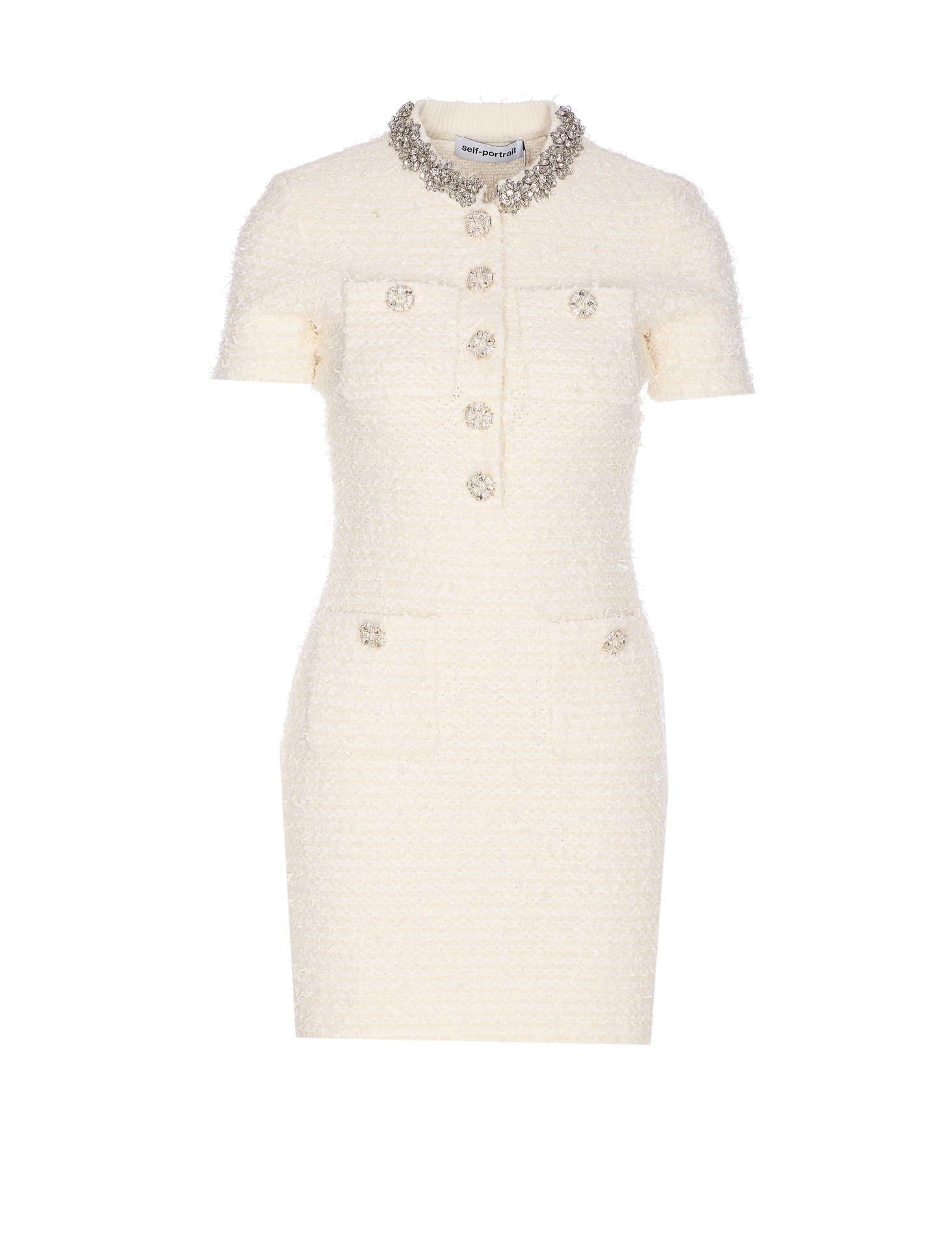 Self-portrait Mini Dress With Knit Tweed Texture And Crystal Accents In White