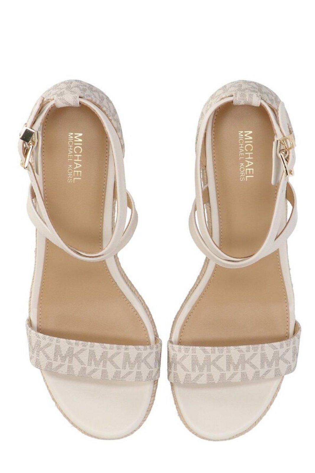 Shop Michael Kors Serena Logo Printed Wedge Sandals In Ivory