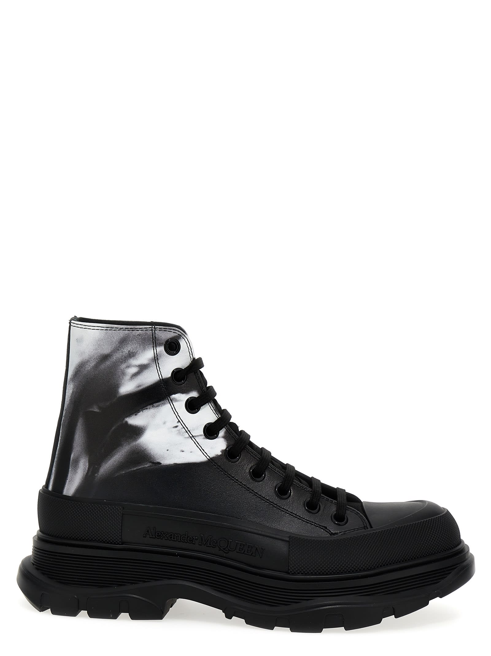 Shop Alexander Mcqueen Tread Slick Solarised Flower Ankle Boots In White/black