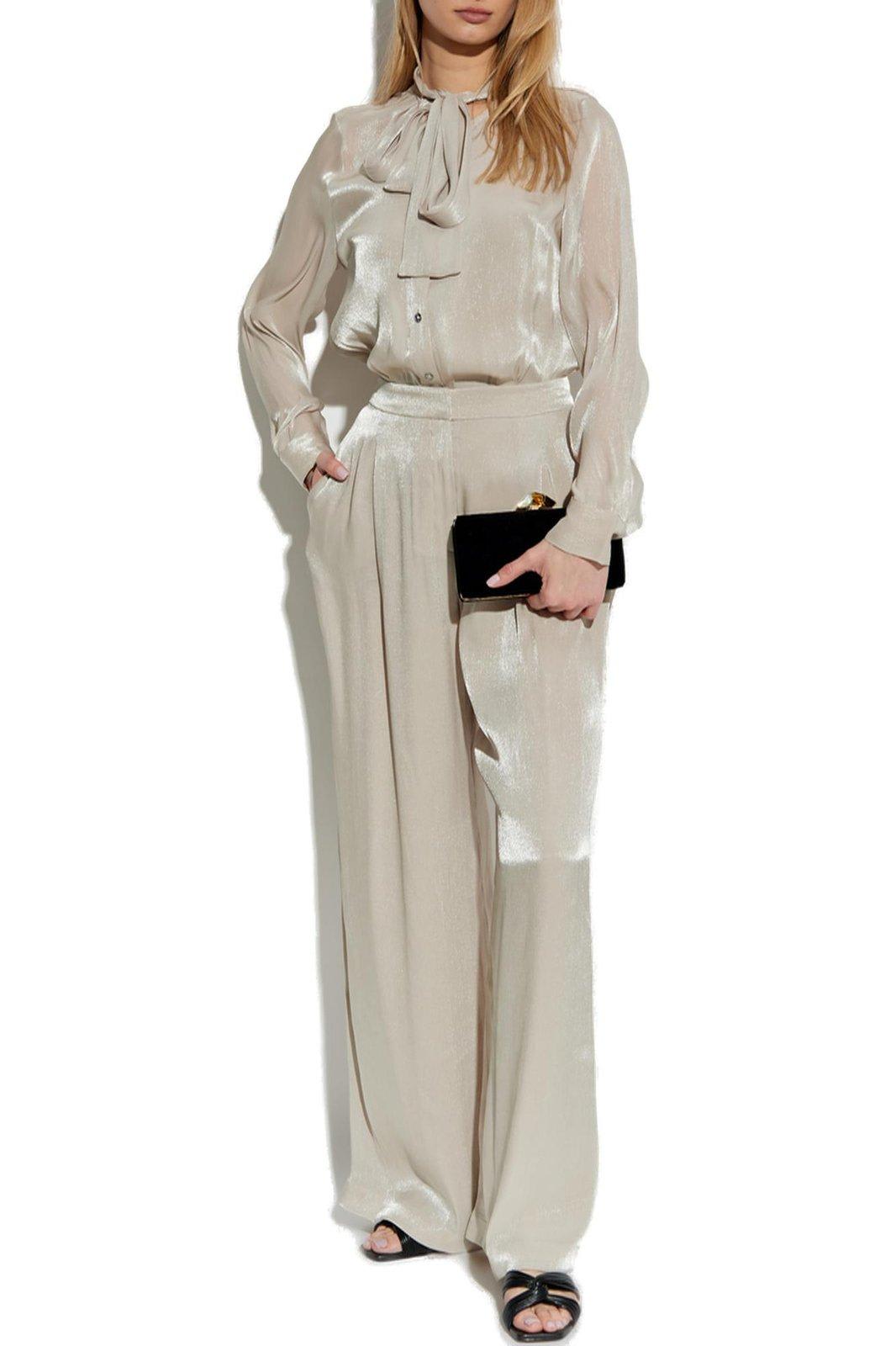 Shop Michael Kors Crinkled Metallic Georgette Tie-neck Blouse In Dune