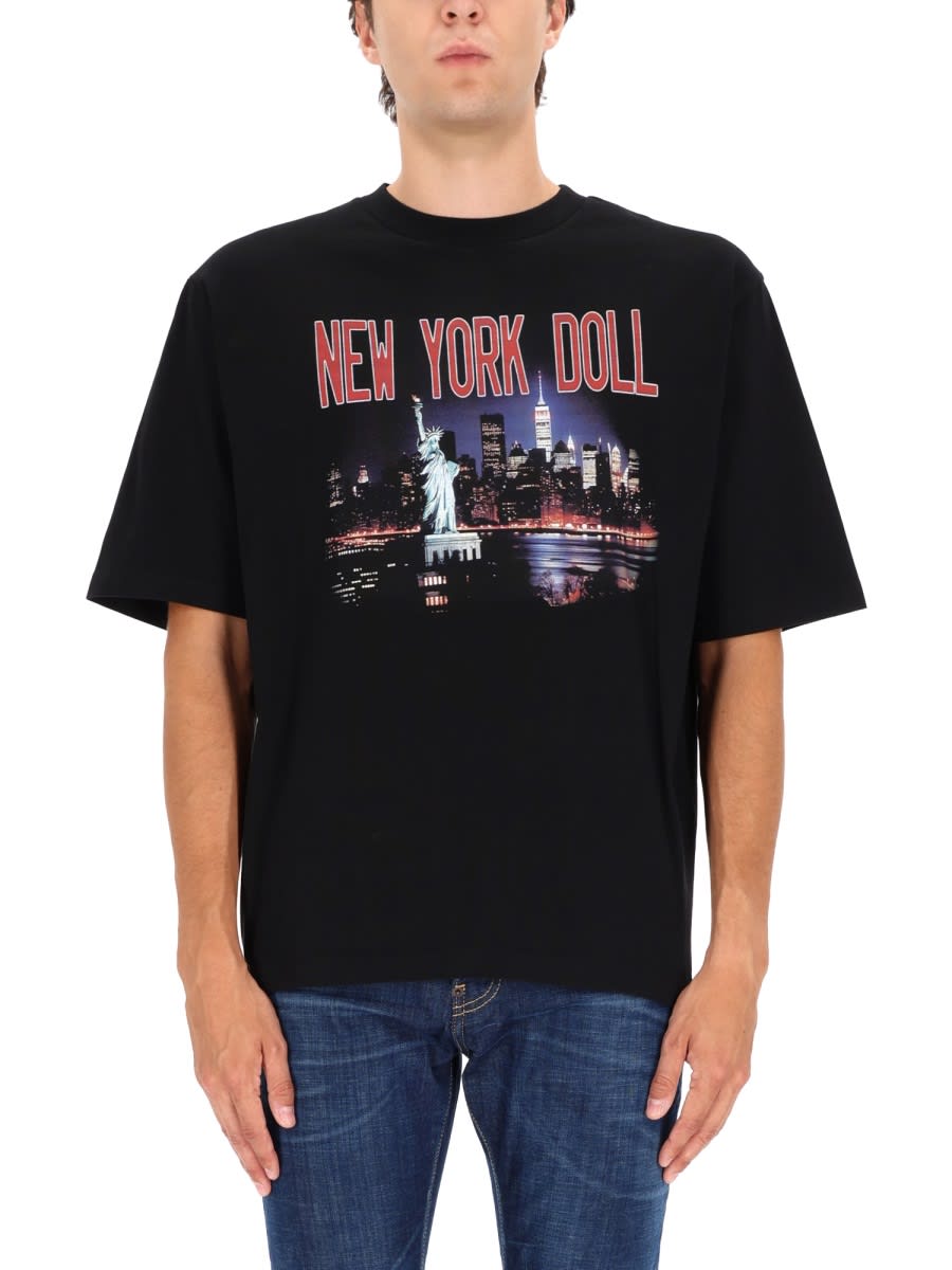Dsquared2 Casual Cotton T-shirt With Nighttime Cityscape Print In Black