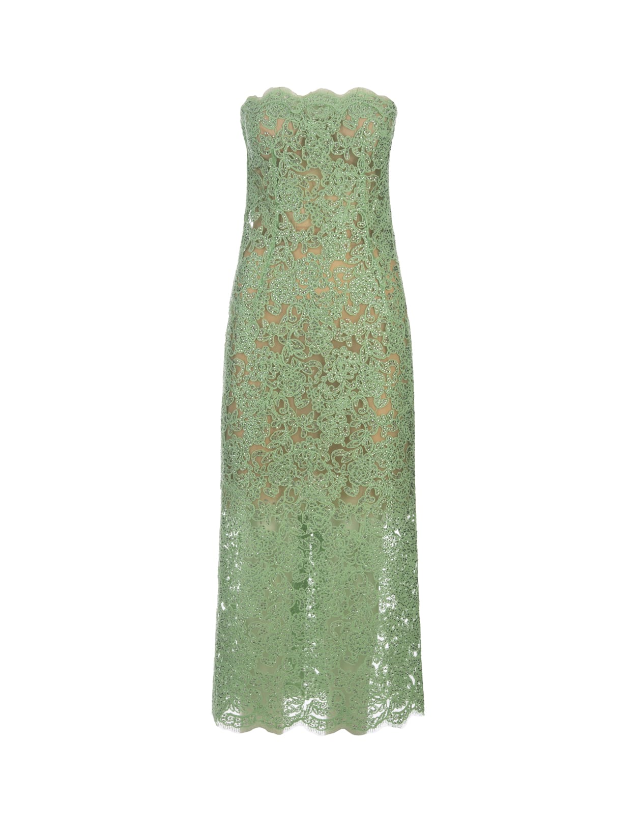 Green Lace Longuette Dress With Micro Crystals