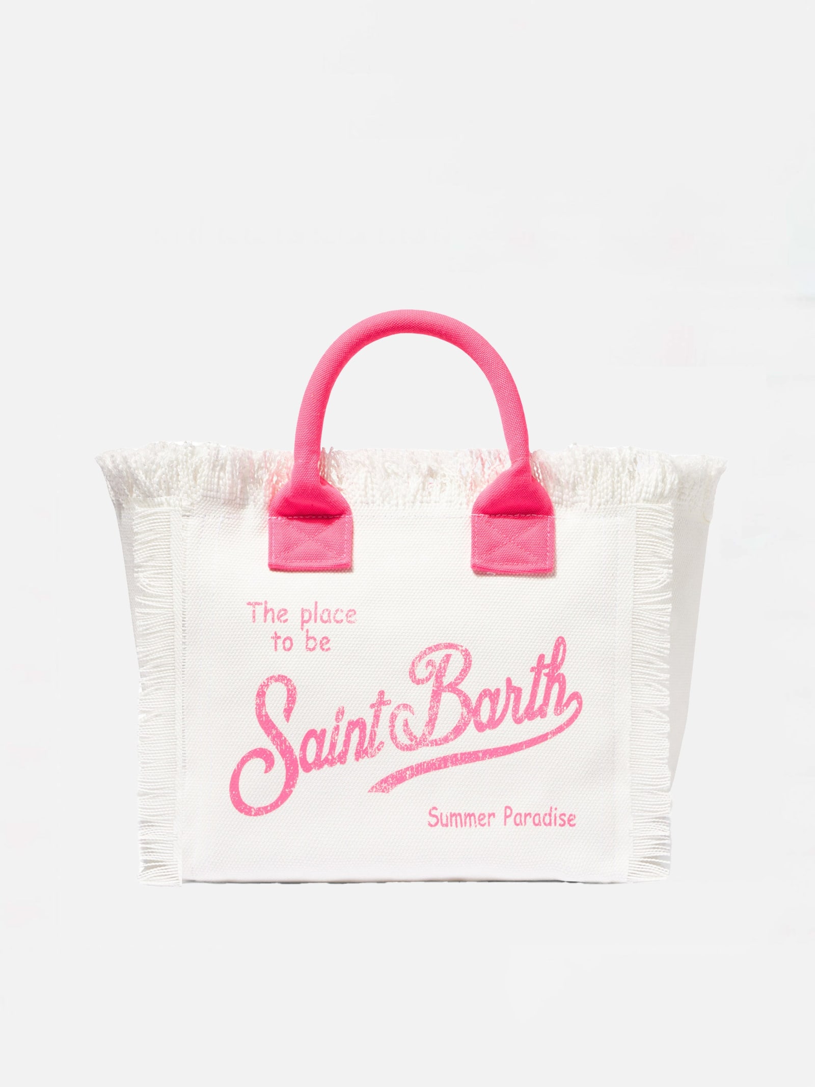 Mc2 Saint Barth Colette White And Pink Cotton Canvas Bag