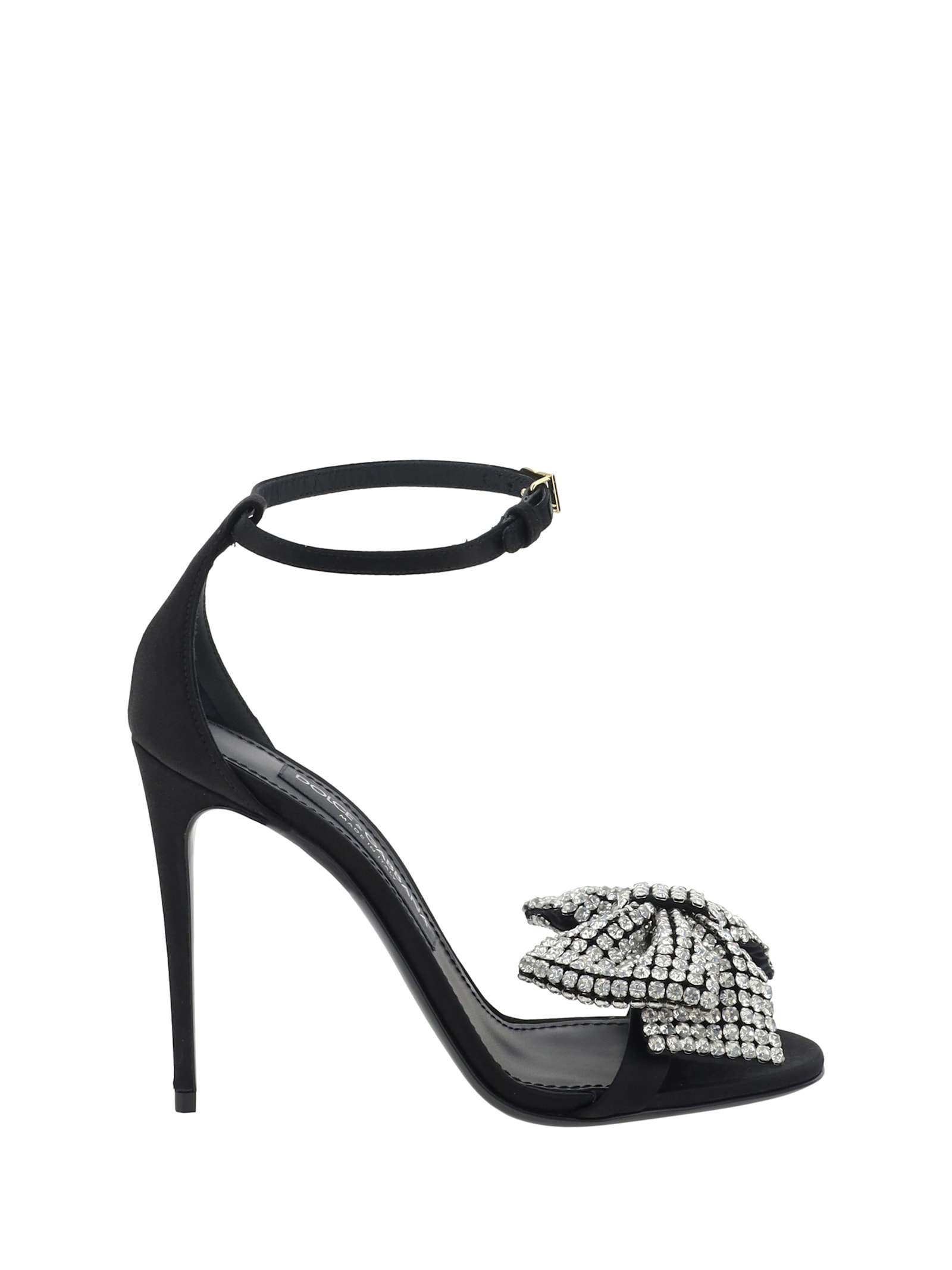 Shop Dolce & Gabbana Heeled Sandals With Decorative Bow In Nero/crystal